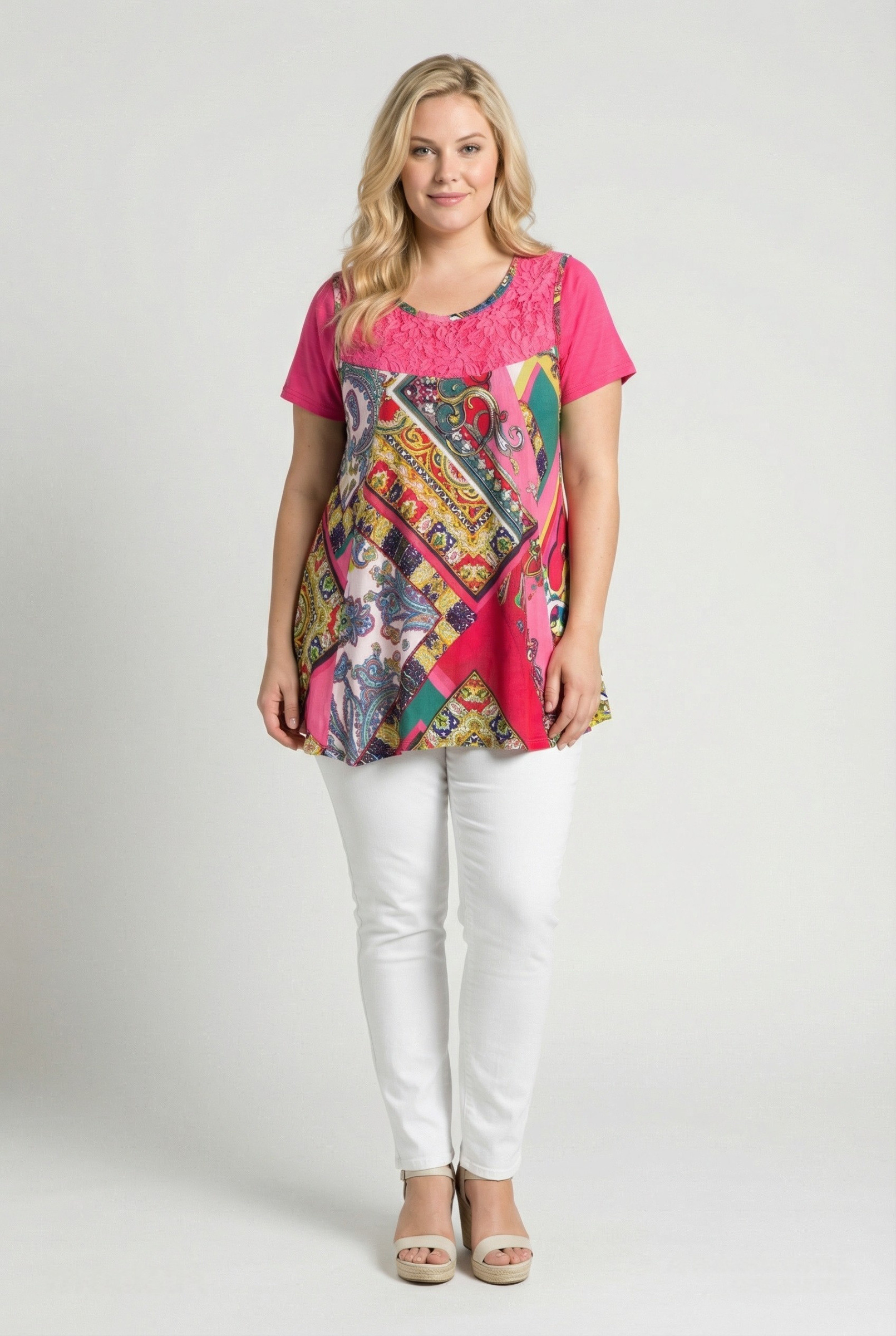 Grossiste Pomme Rouge Paris - Ensemble tunique imprimé + tshirt assorti rose (A233)