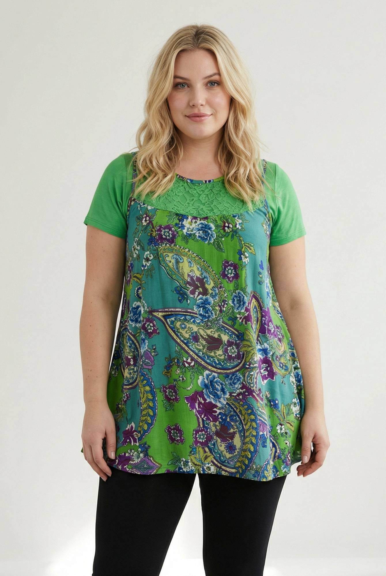 Grossiste Pomme Rouge Paris - Ensemble tunique imprimé + t-shirt assorti vert (A233)