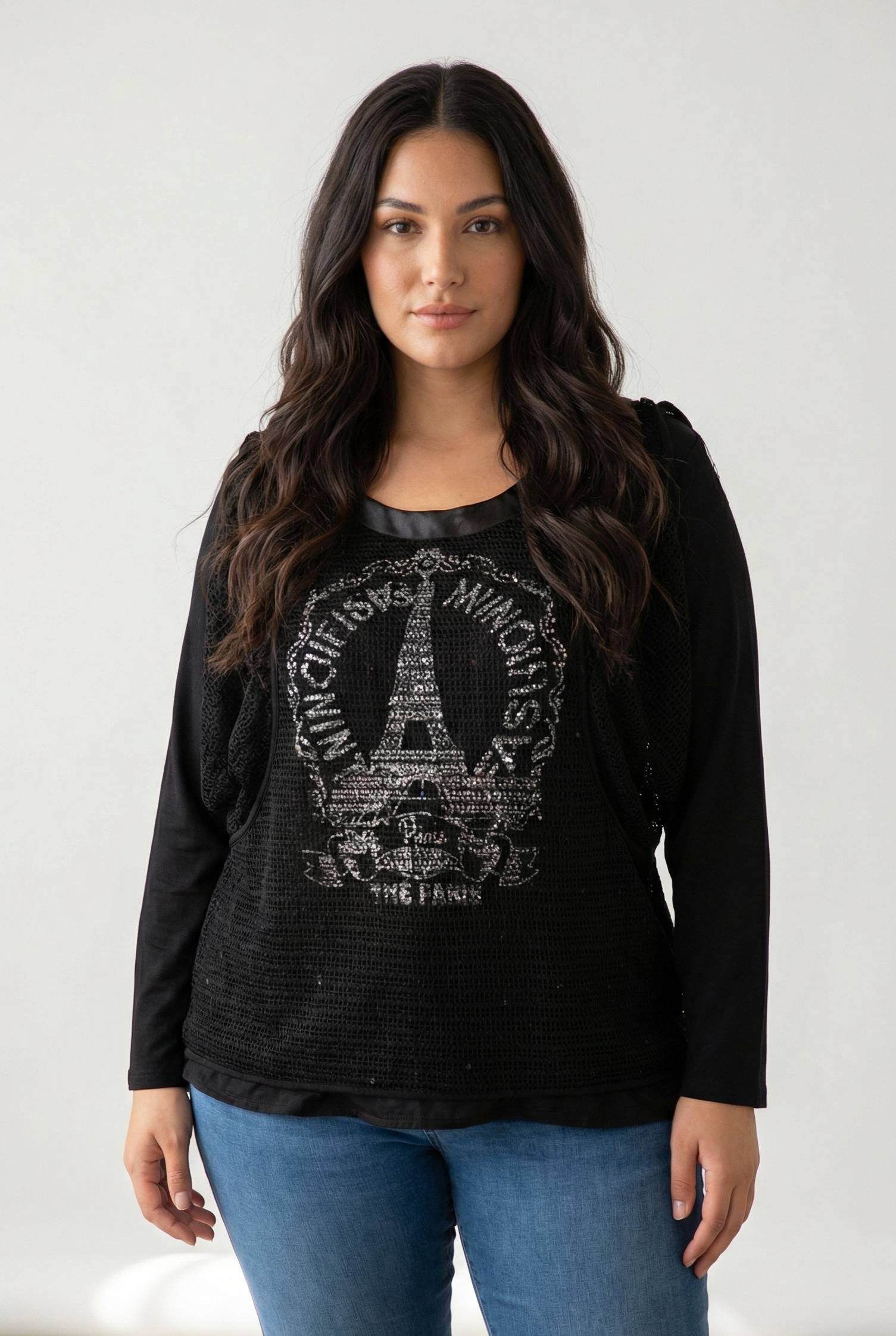 Grossiste Pomme Rouge Paris - Ensemble t-shirt imprimé + gilet ajouré noir grande taille  (A553)