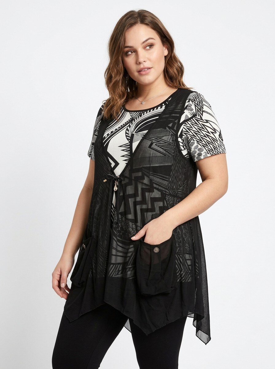 Grossiste Pomme Rouge Paris - Ensemble top imprimé + gilet mousseline (A307)