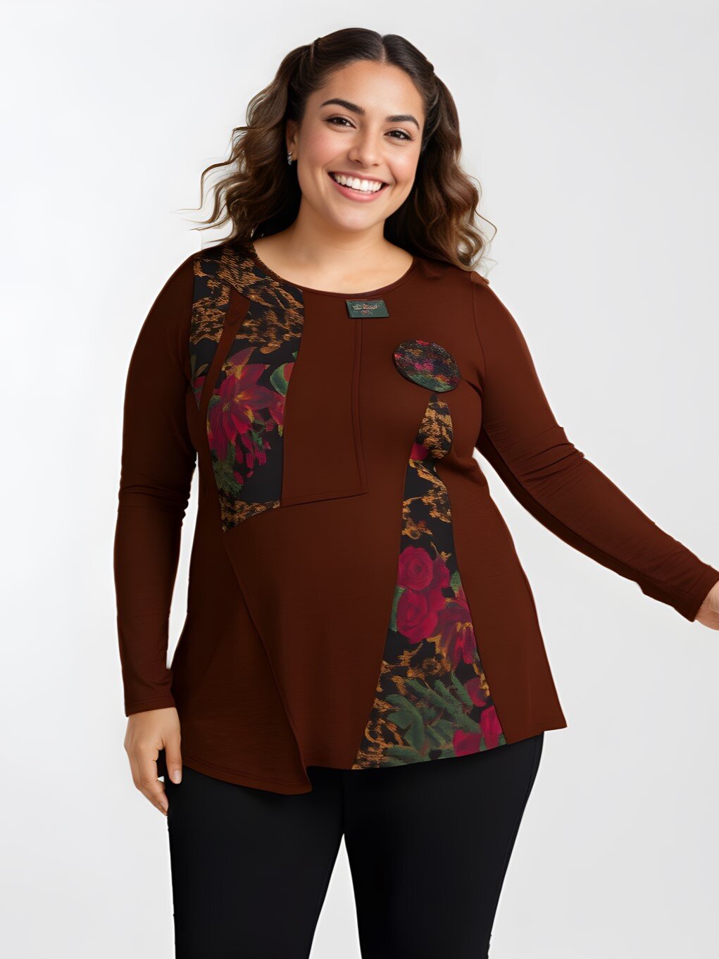 Mayorista Pomme Rouge Paris - Túnica marrón de talla grande con estampado parcial (A270)