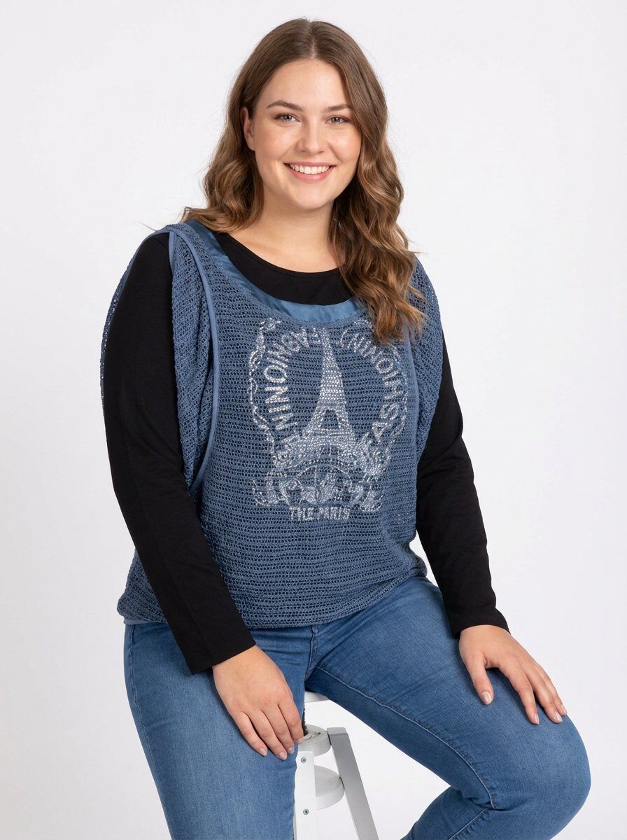 Grossiste Pomme Rouge Paris - Ensemble t-shirt imprimé + gilet ajouré bleu grande taille  (A553)