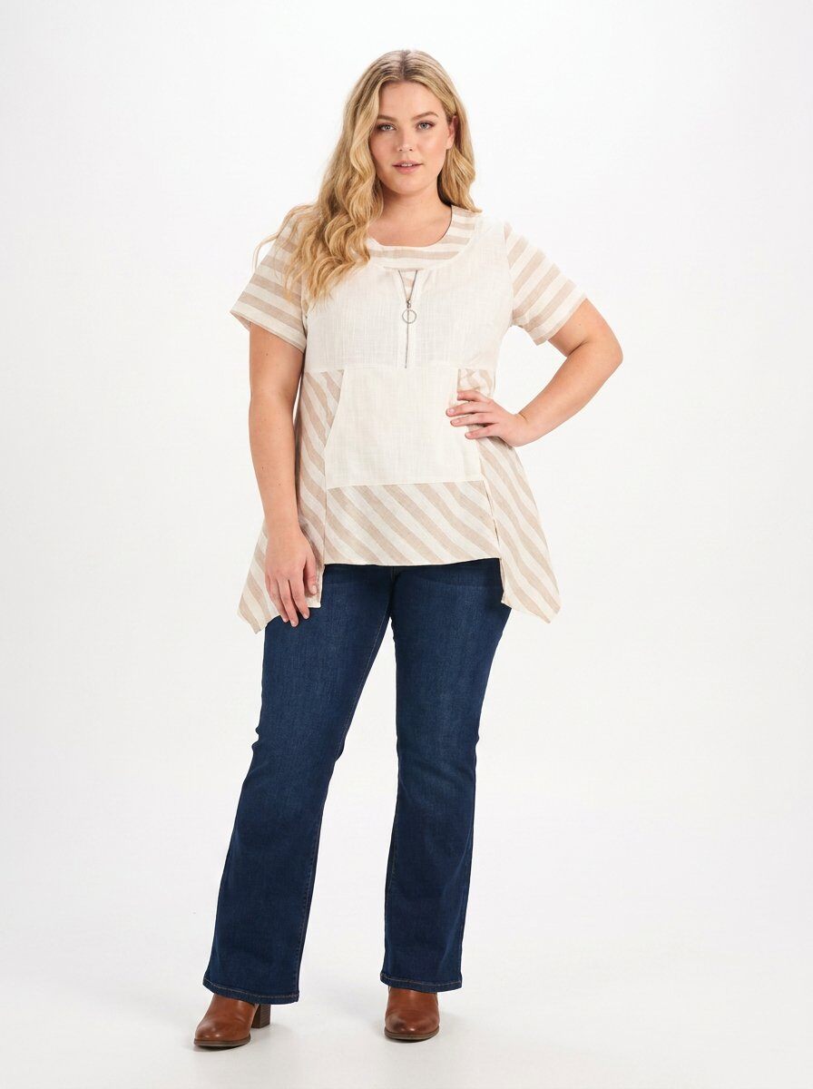 Grossiste Pomme Rouge Paris - Tunique semi rayé beige grande taille (C6226)