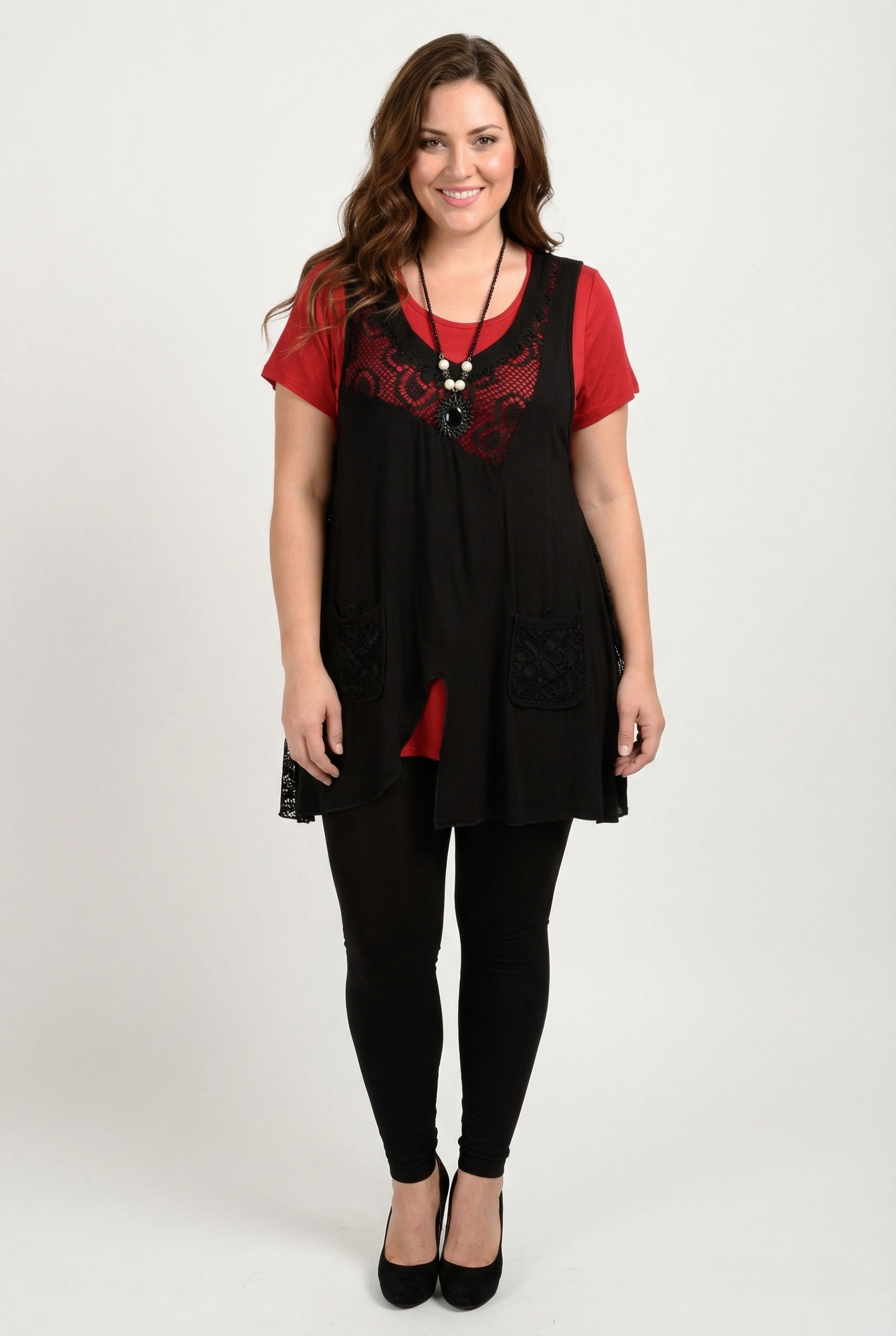 Grossiste Pomme Rouge Paris - Top dentelle + t-shirt rouge grande taille (A595)