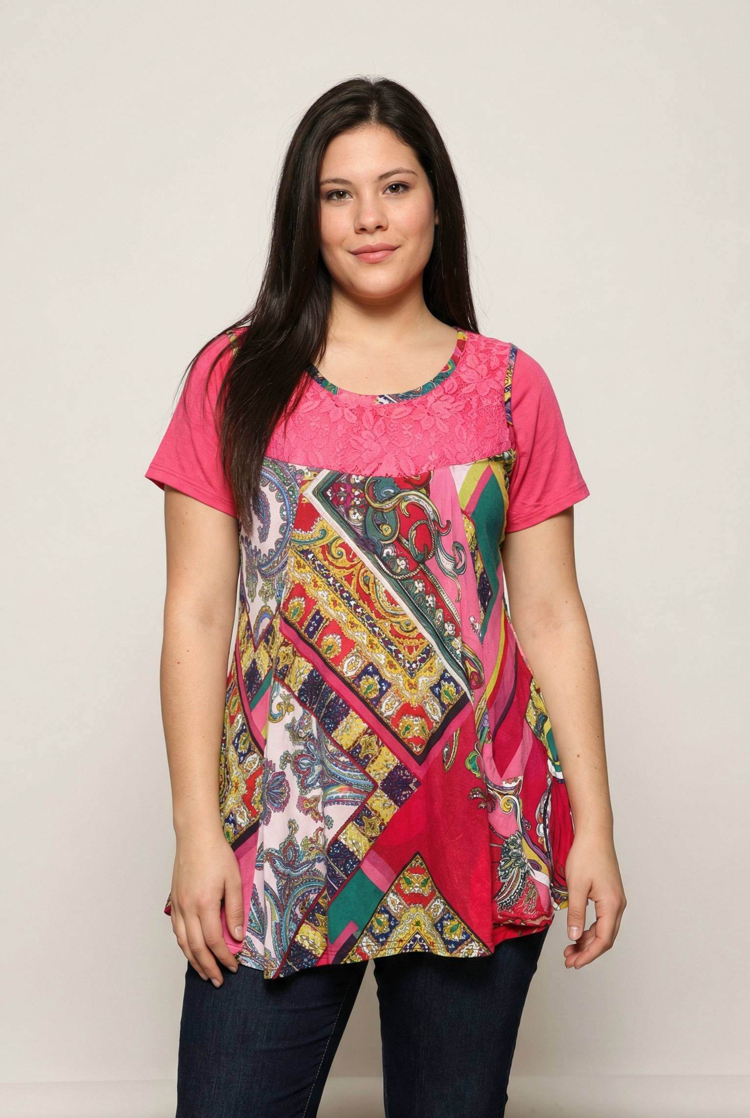 Grossiste Pomme Rouge Paris - Ensemble tunique imprimé + tshirt assorti rose (A233)