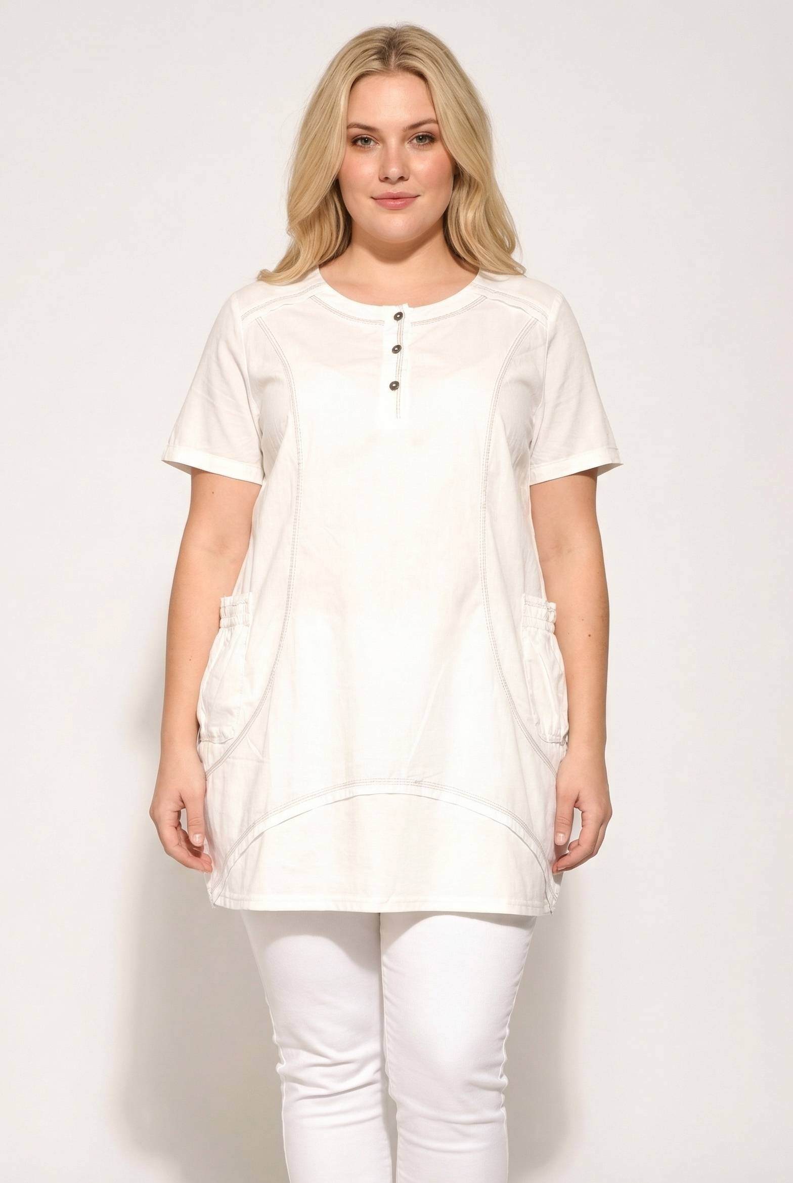 Grossiste Pomme Rouge Paris - Tunique blanche grande taille avec surpiqure (A699)
