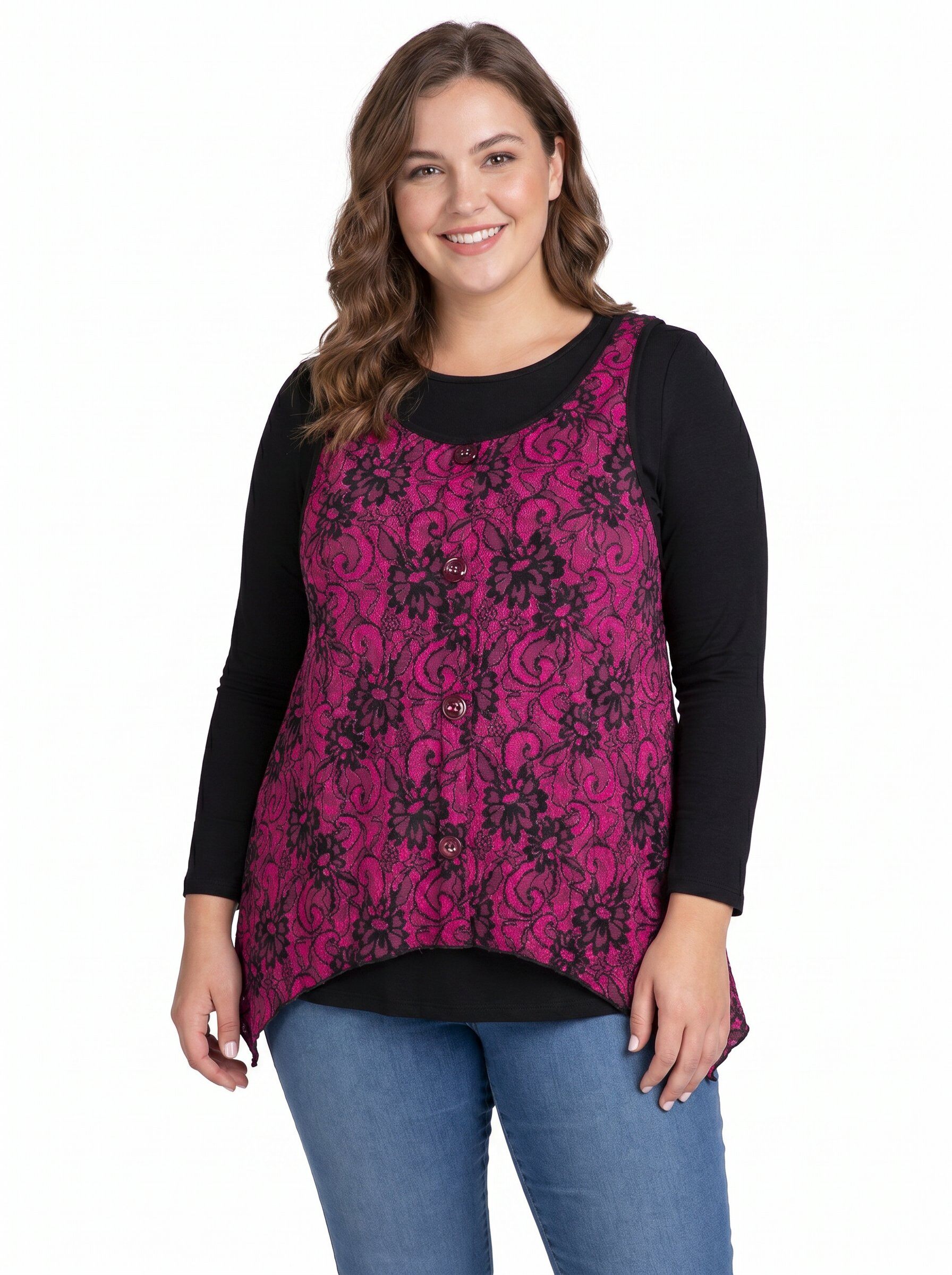 Grossiste Pomme Rouge Paris - Ensemble top imprimé rose + sous pull grande taille (PA257)