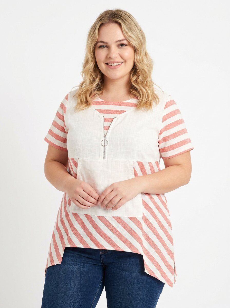 Grossiste Pomme Rouge Paris - Tunique semi rayé rose grande taille (C6226)