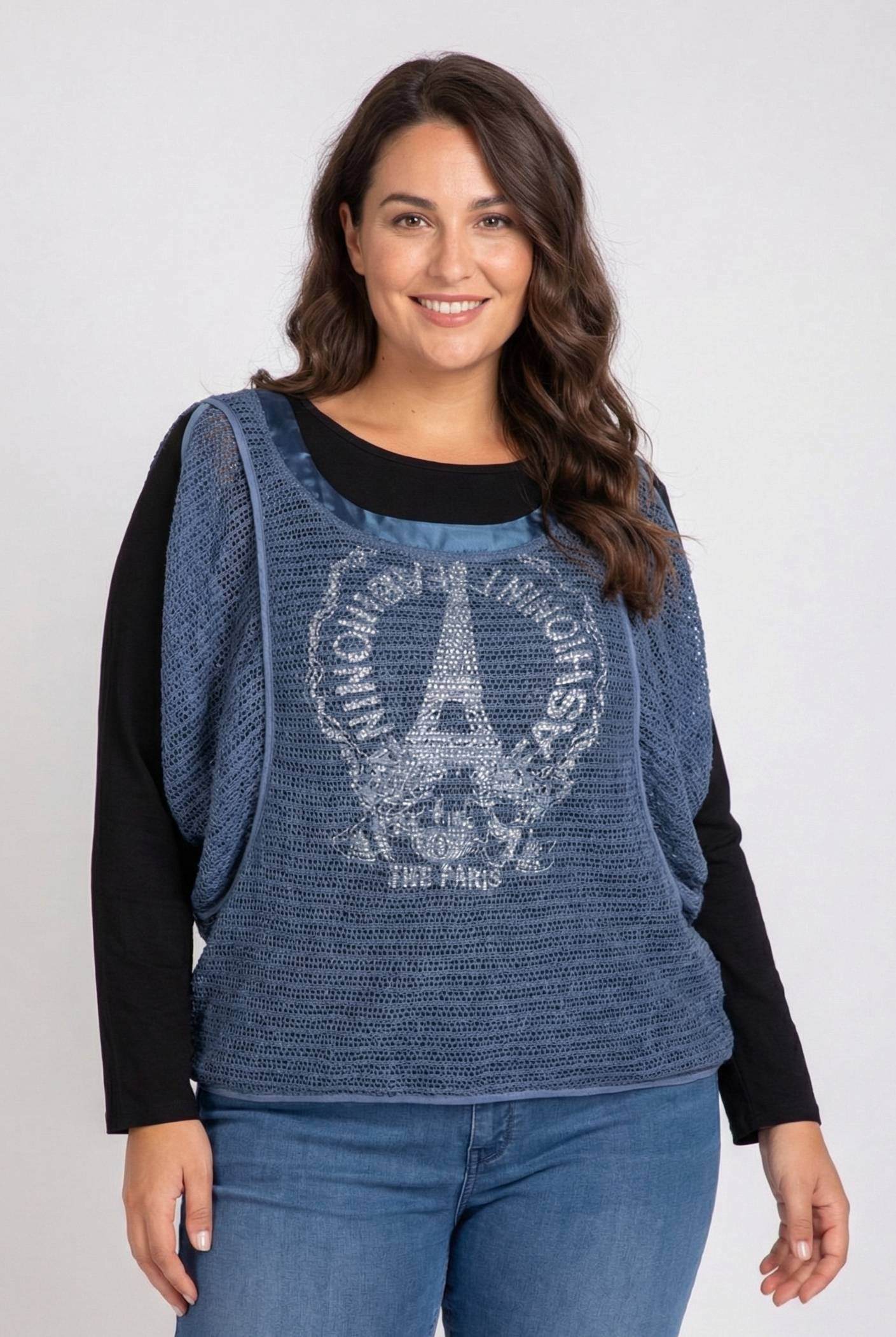 Grossiste Pomme Rouge Paris - Ensemble t-shirt imprimé + gilet ajouré bleu grande taille  (A553)