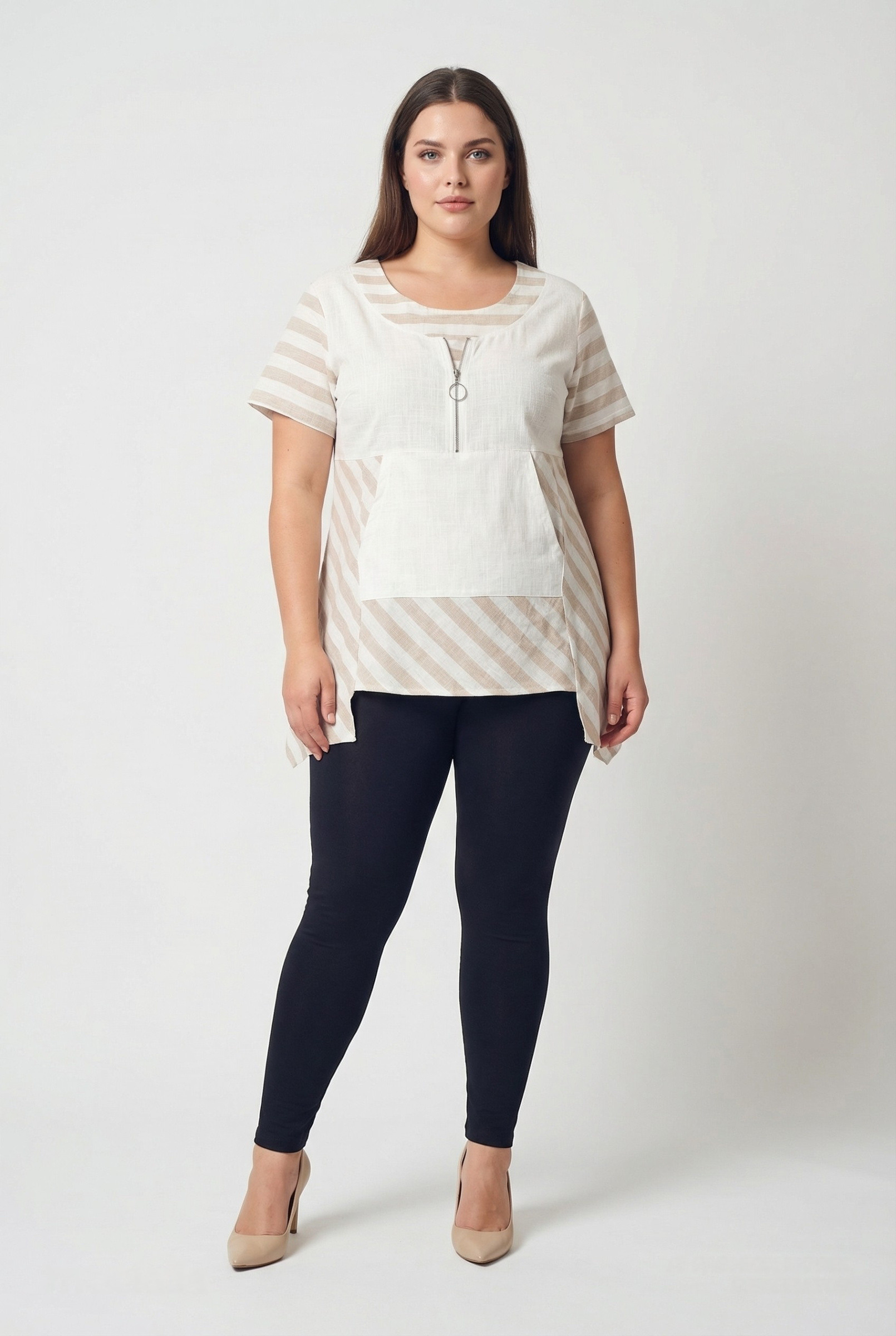 Grossiste Pomme Rouge Paris - Tunique semi rayé beige grande taille (C6226)