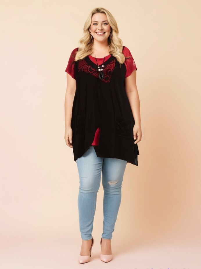 Grossiste Pomme Rouge Paris - Top dentelle + tshirt grande taille (A595)
