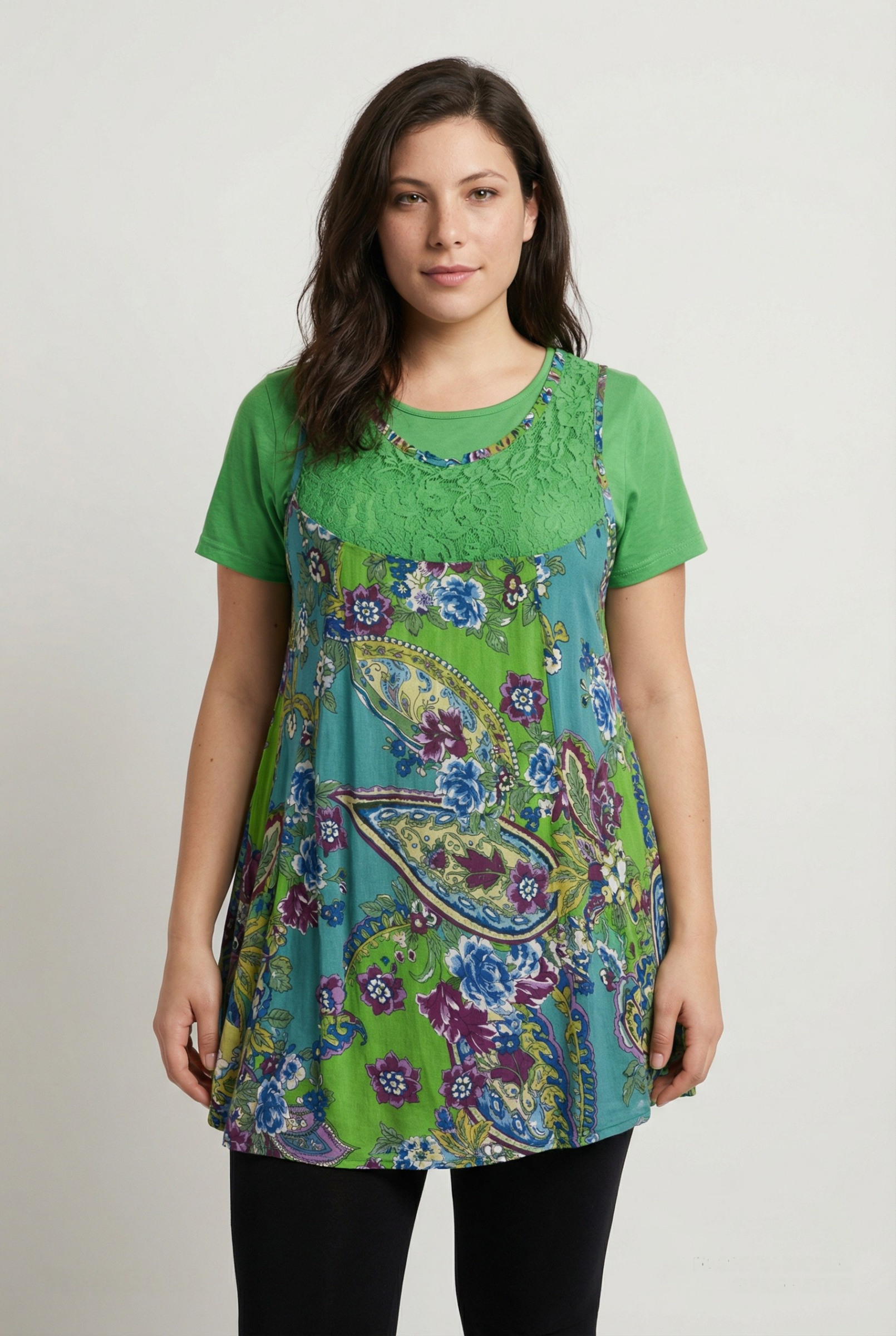 Grossiste Pomme Rouge Paris - Ensemble tunique imprimé + t-shirt assorti vert (A233)