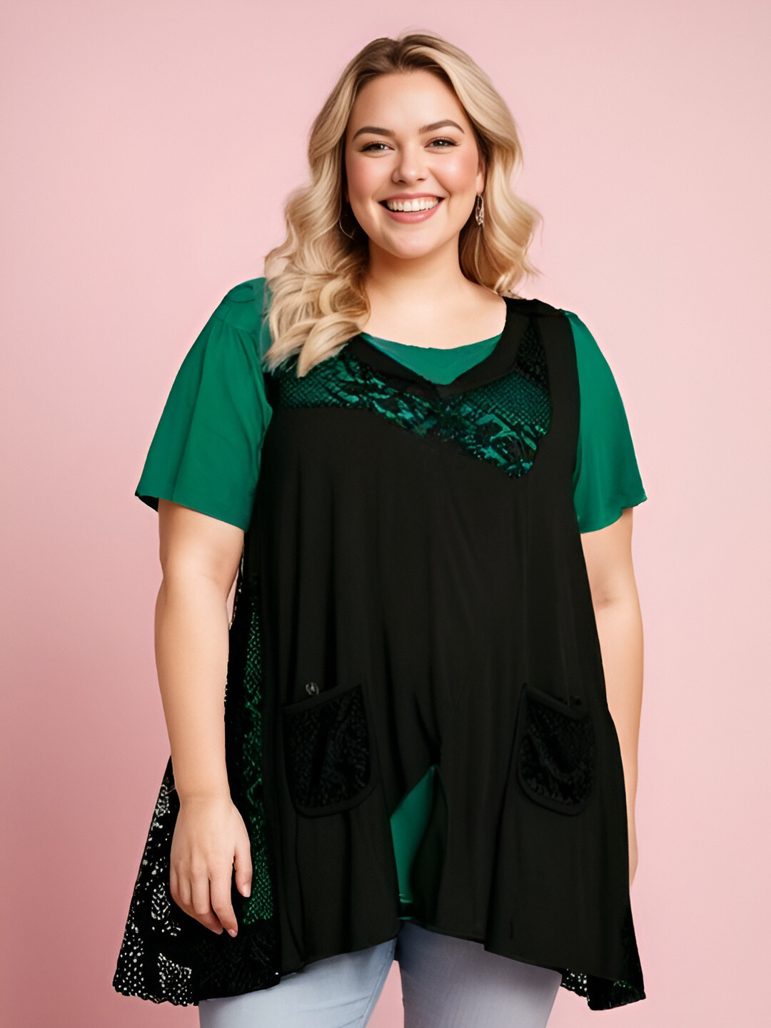 Grossiste Pomme Rouge Paris - Top dentelle + tshirt grande taille (A595)