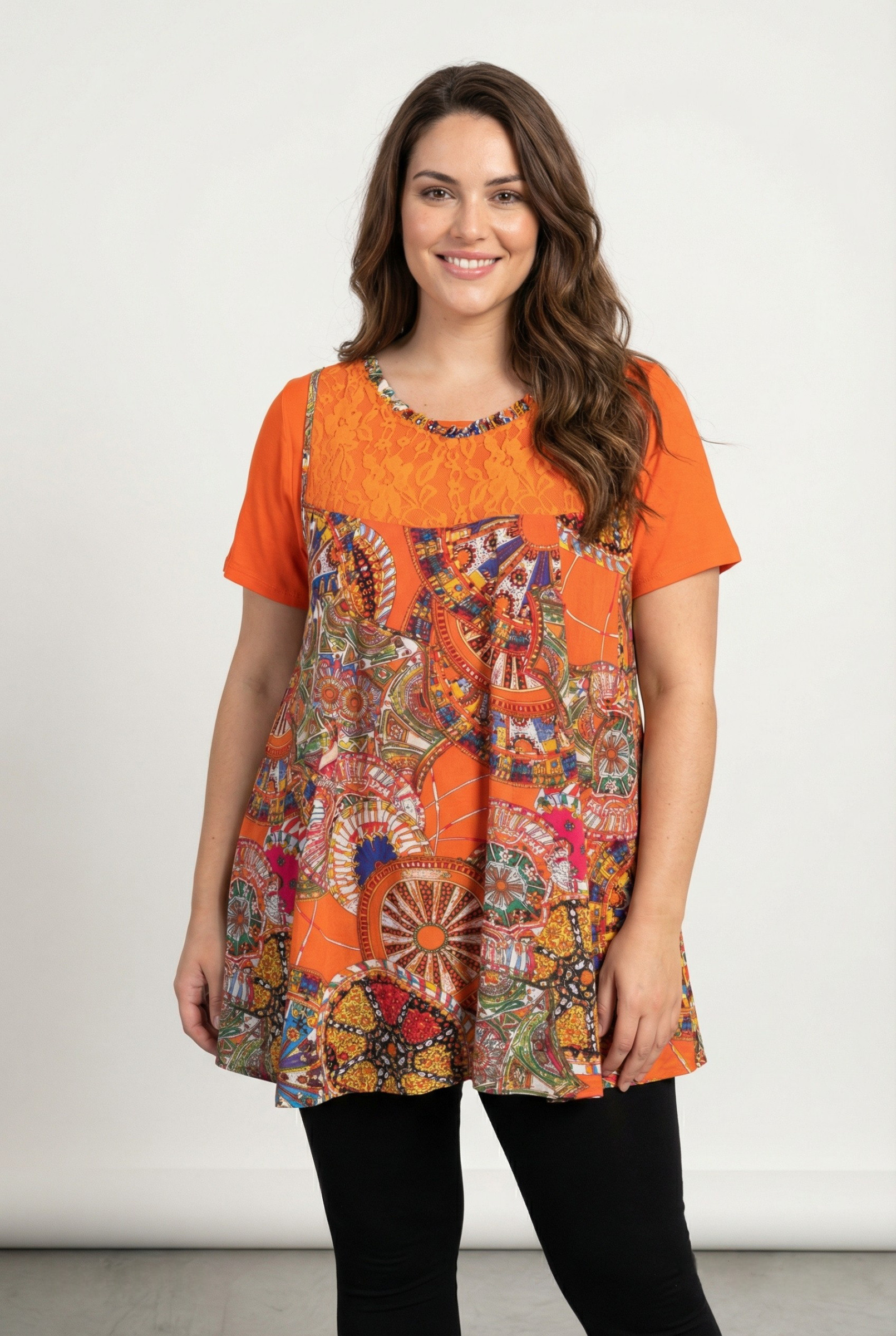 Grossiste Pomme Rouge Paris - Ensemble tunique imprimé + t-shirt assorti orange (A233)
