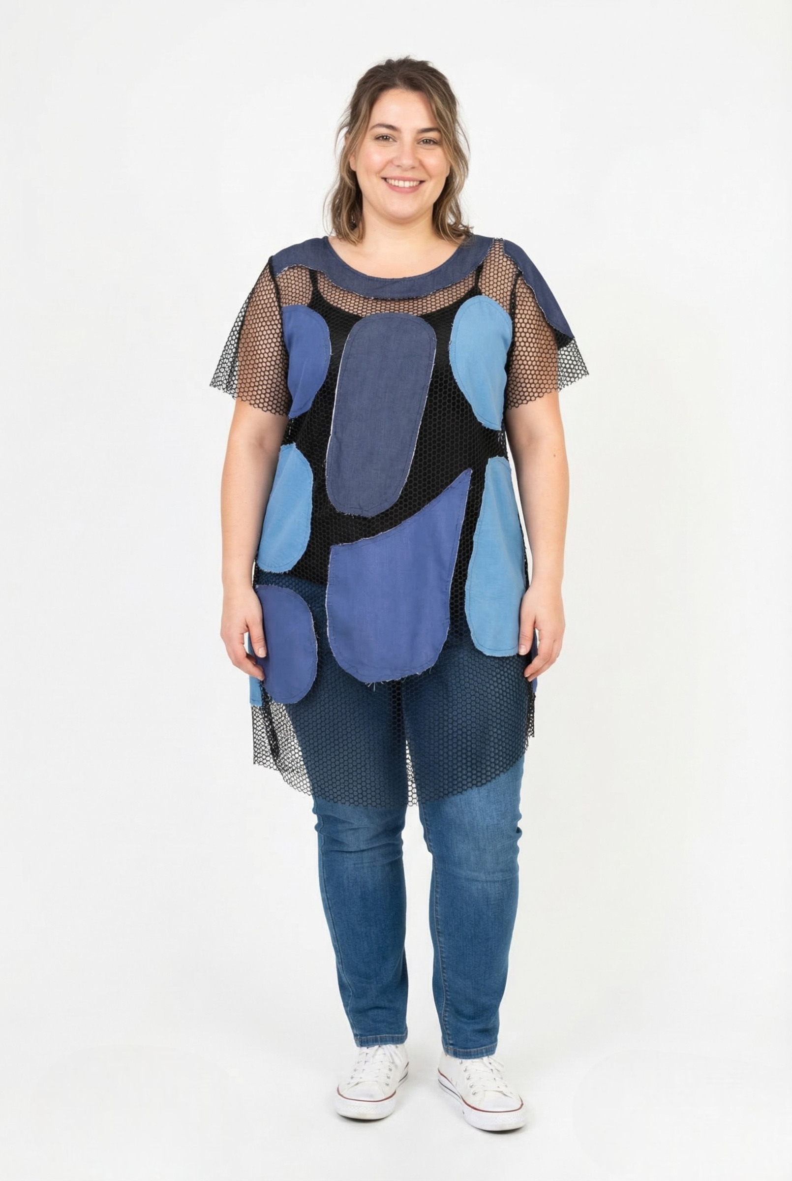 Grossiste Pomme Rouge Paris - Tunique ajourée empiècement jean (PC6553)