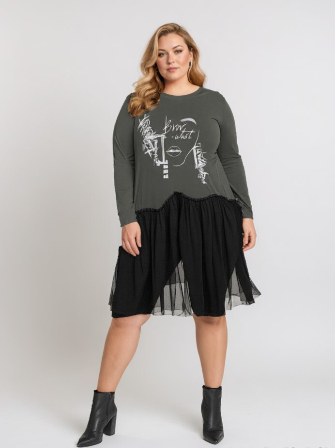 Grossiste Pomme Rouge Paris - Robe-Tunique volantée kaki (T39085)
