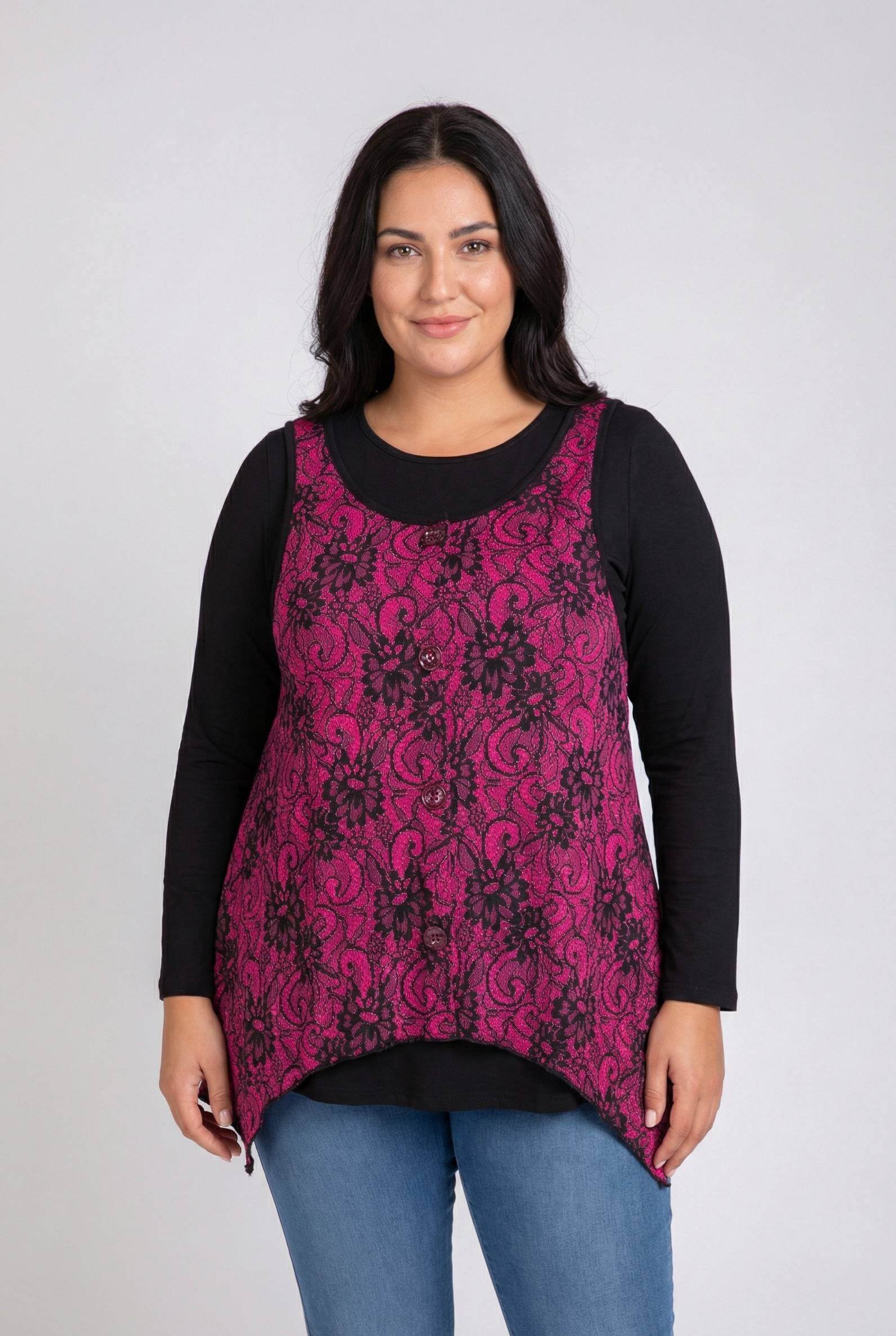 Grossiste Pomme Rouge Paris - Ensemble top imprimé rose + sous pull grande taille (PA257)
