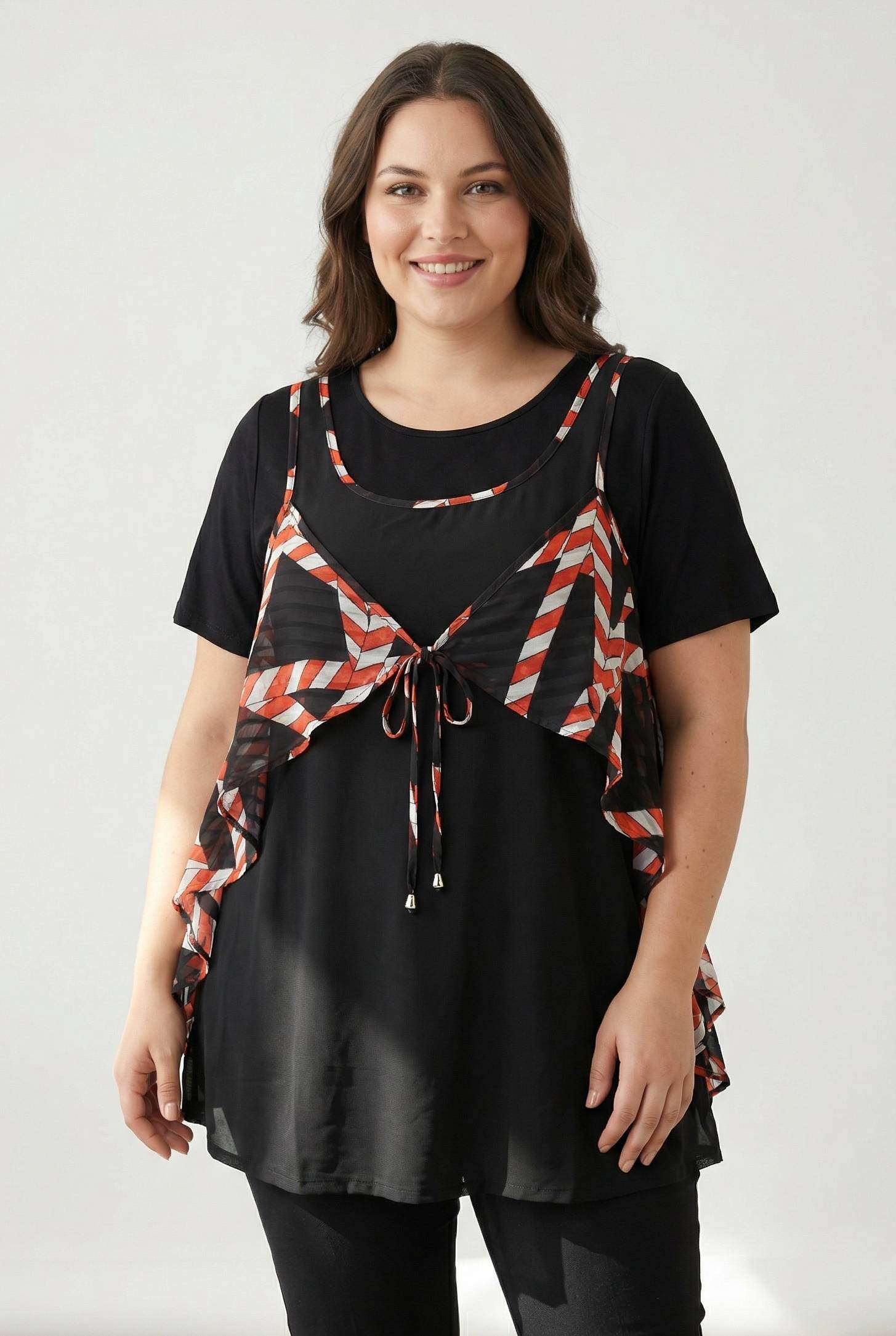 Grossiste Pomme Rouge Paris - Ensemble top imprimé orange + t-shirt grande taille (A675)