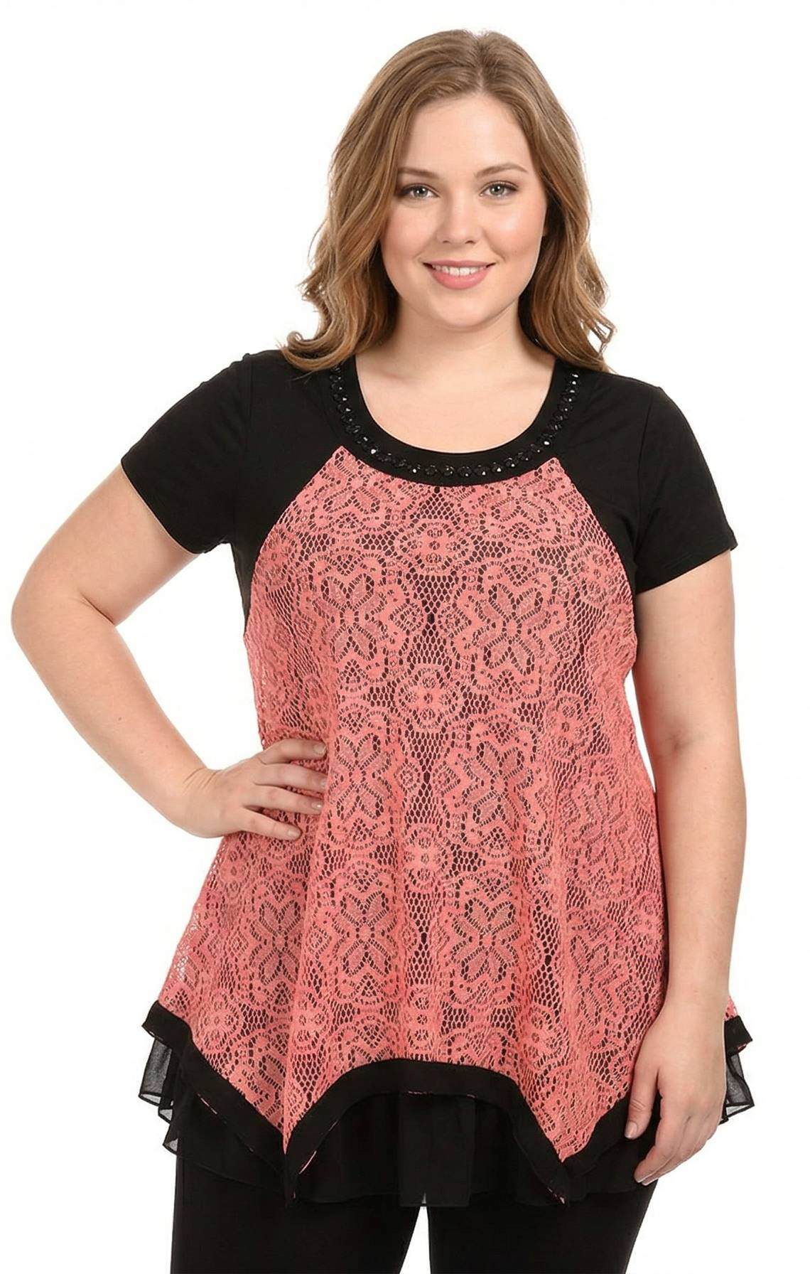 Grossiste Pomme Rouge Paris - Ensemble top dentelle rose + tshirt (A218)