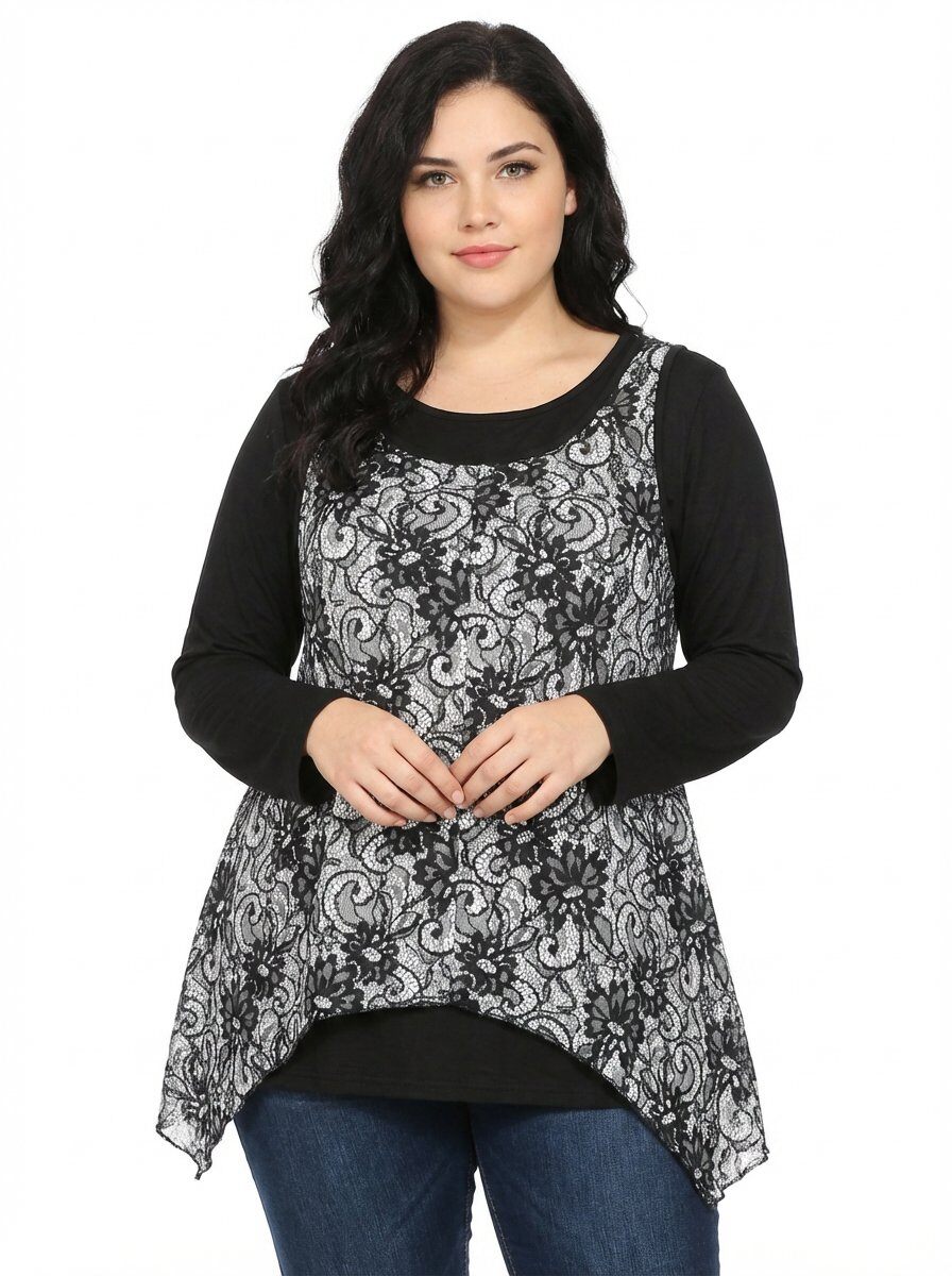 Grossiste Pomme Rouge Paris - Ensemble top imprimé blanc + sous pull grande taille (PA257)