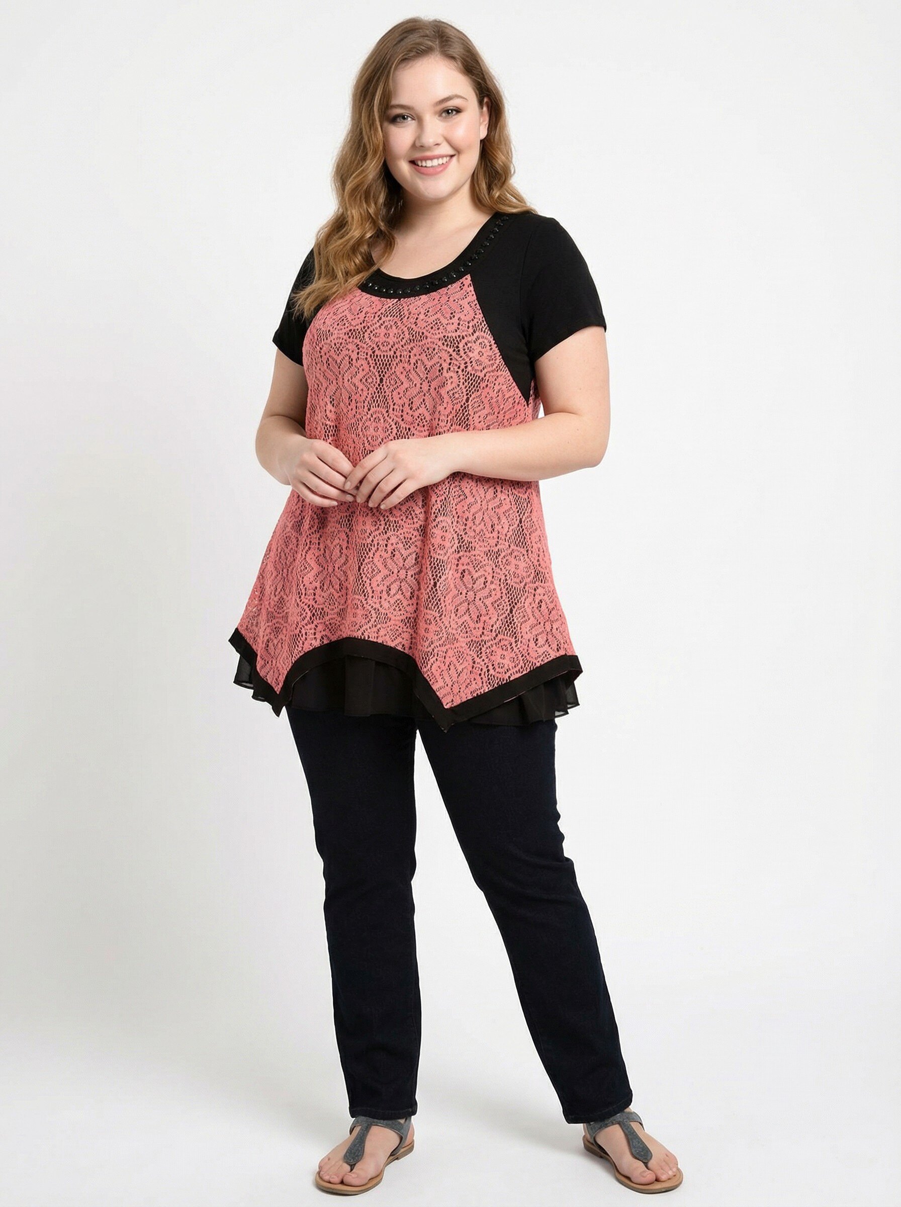 Grossiste Pomme Rouge Paris - Ensemble top dentelle rose + tshirt (A218)