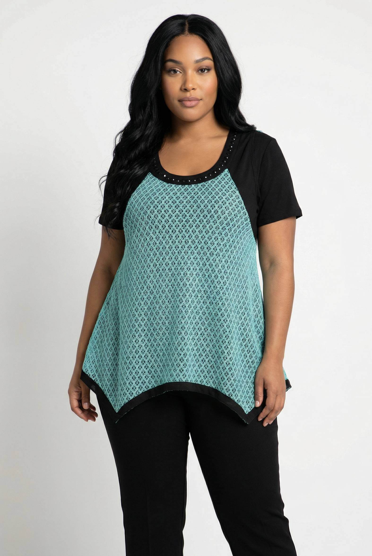 Grossiste Pomme Rouge Paris - Ensemble top dentelle turquoise + tshirt (A218)