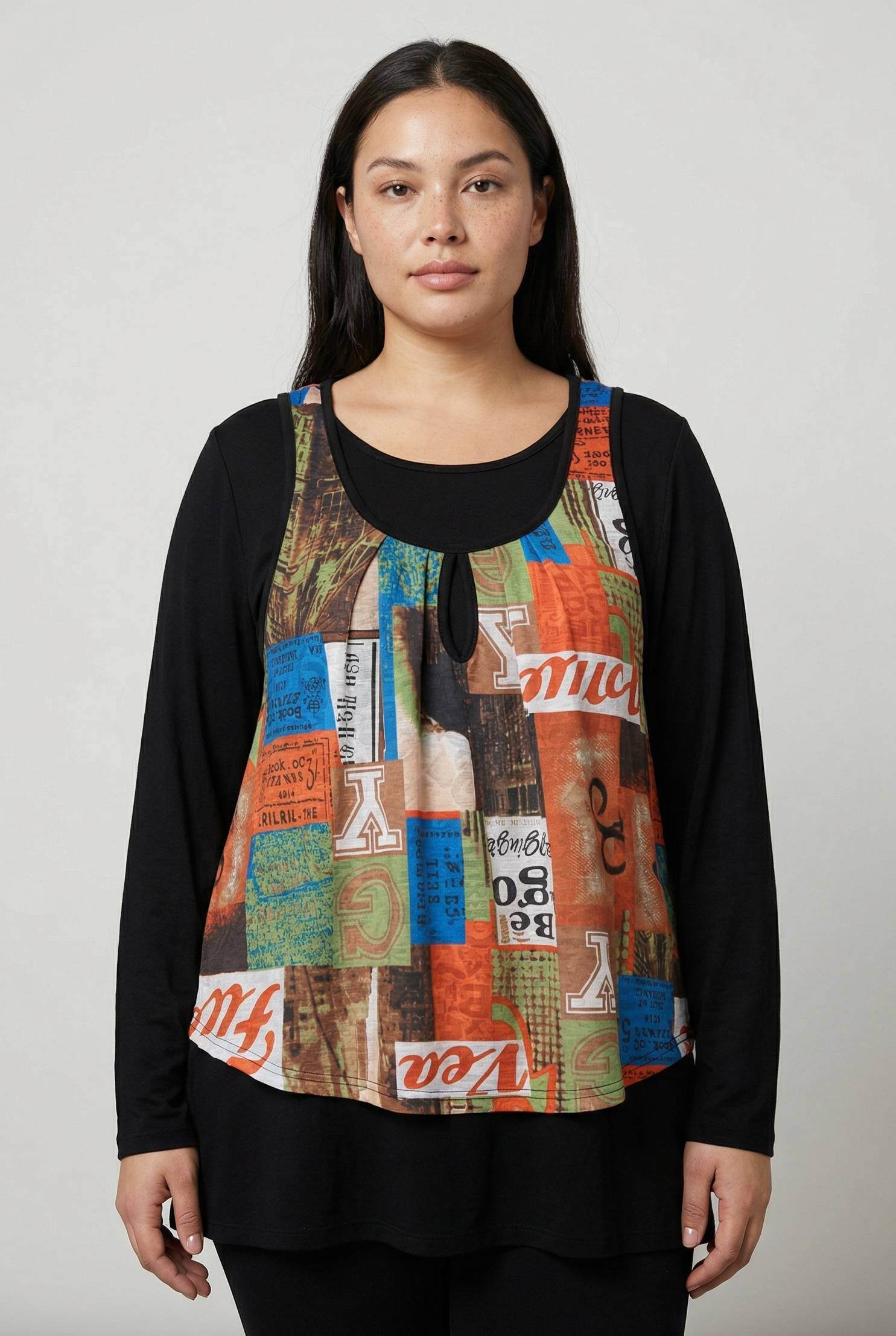 Grossiste Pomme Rouge Paris - Ensemble sous pull + top imprimé grande taille (PA239)