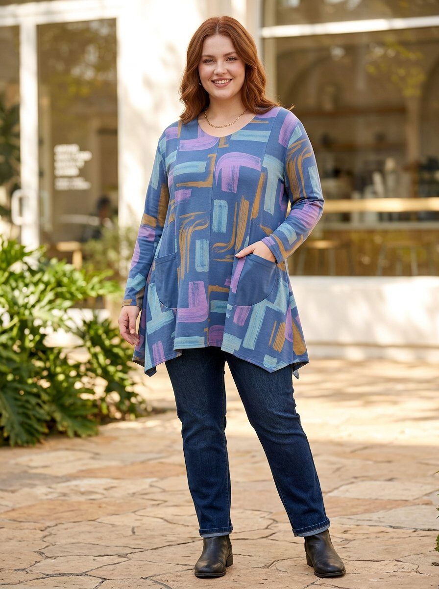 Grossiste Pomme Rouge Paris - Tunique grande taille imprimé bleu (T90673)