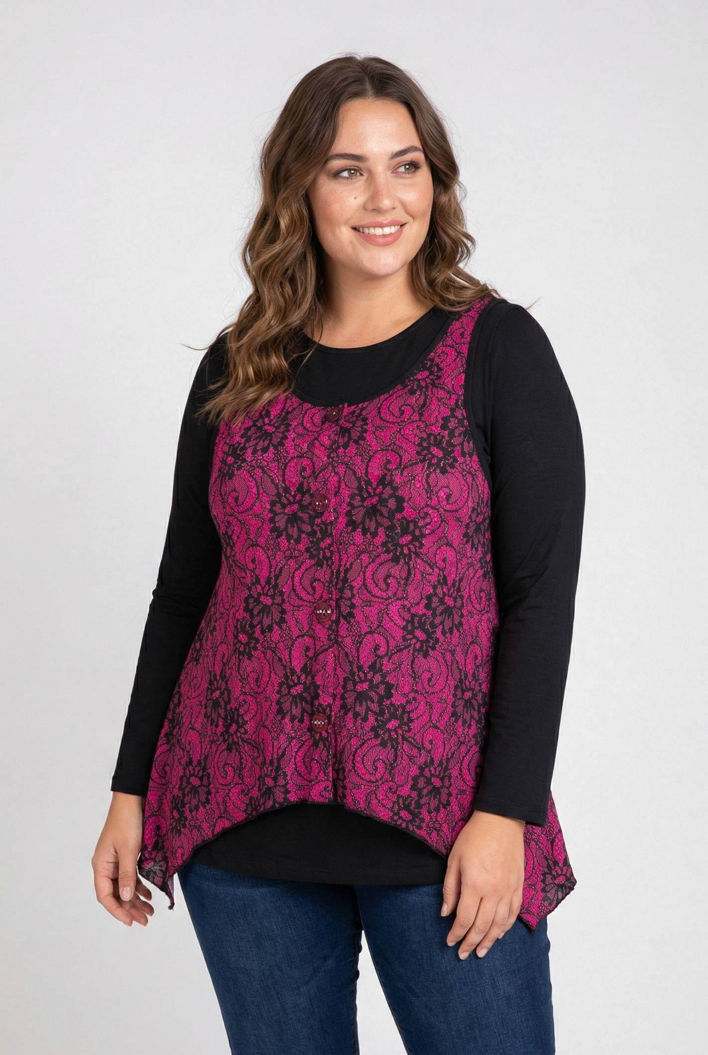 Grossiste Pomme Rouge Paris - Ensemble top imprimé rose + sous pull grande taille (PA257)