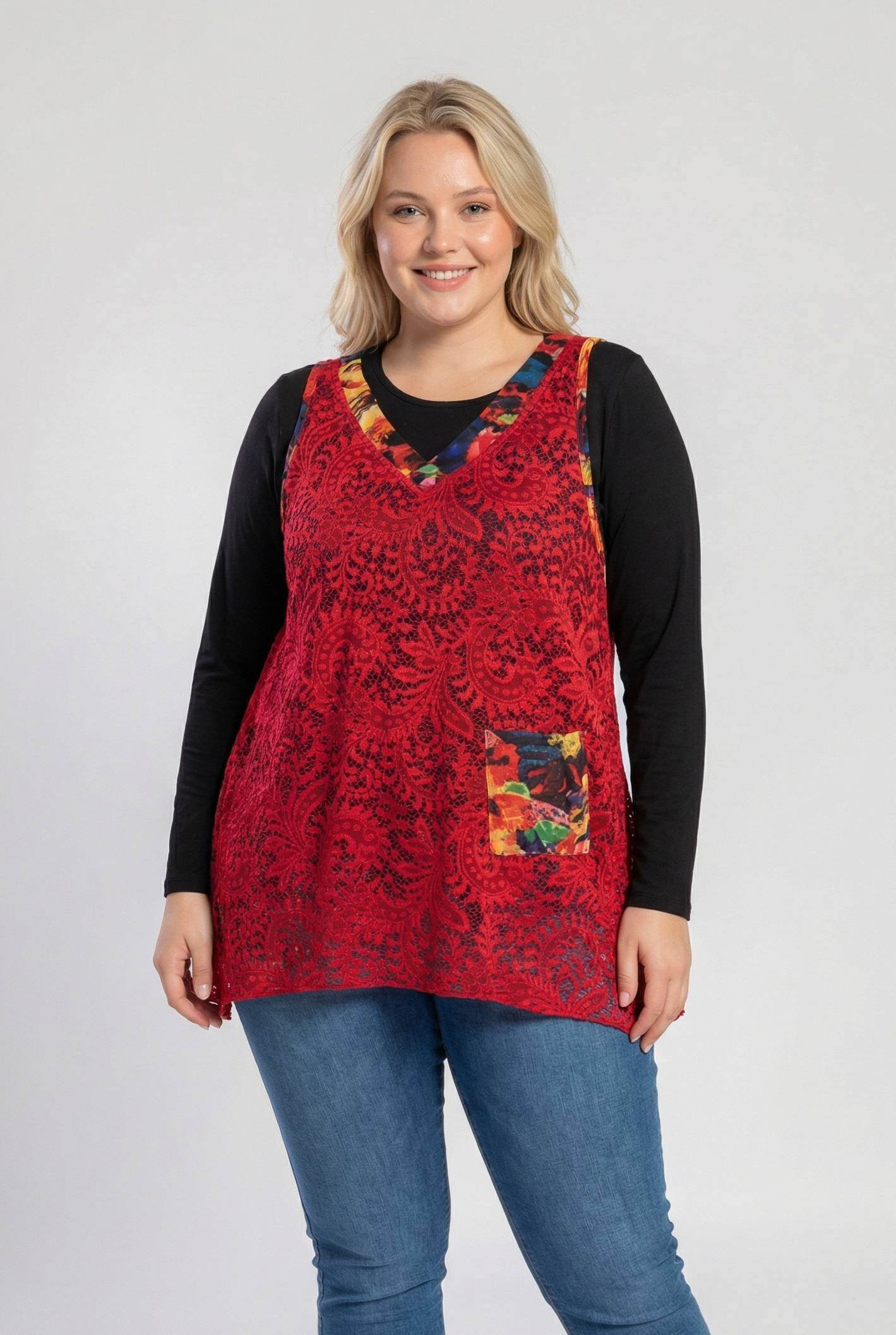 Wholesaler Pomme Rouge Paris - Red lace top and turtleneck set (A622)