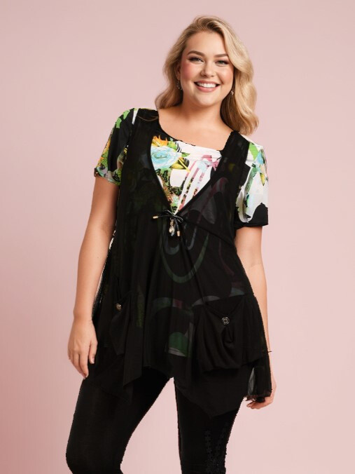 Grossiste Pomme Rouge Paris - Ensemble top imprimé + gilet mousseline (A307)