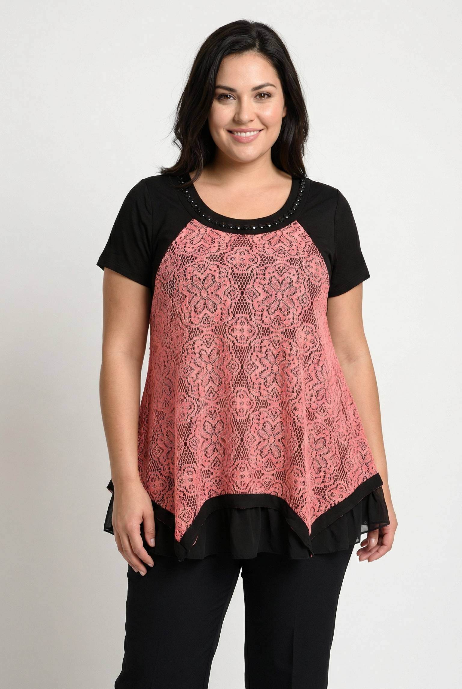 Grossiste Pomme Rouge Paris - Ensemble top dentelle rose + tshirt (A218)