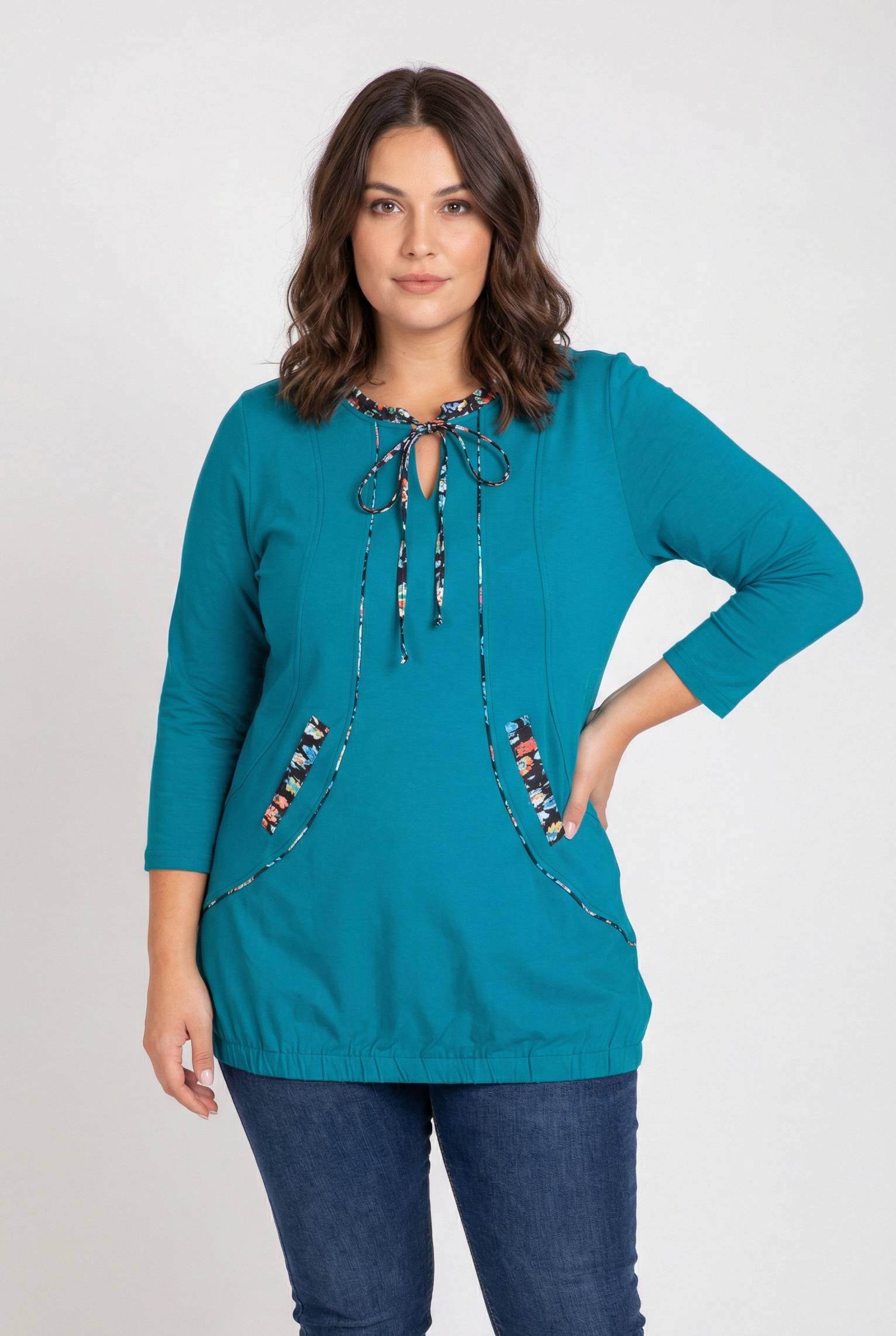 Grossiste Pomme Rouge Paris - Tunique bleu grande taille avec nervures floral (PA559)