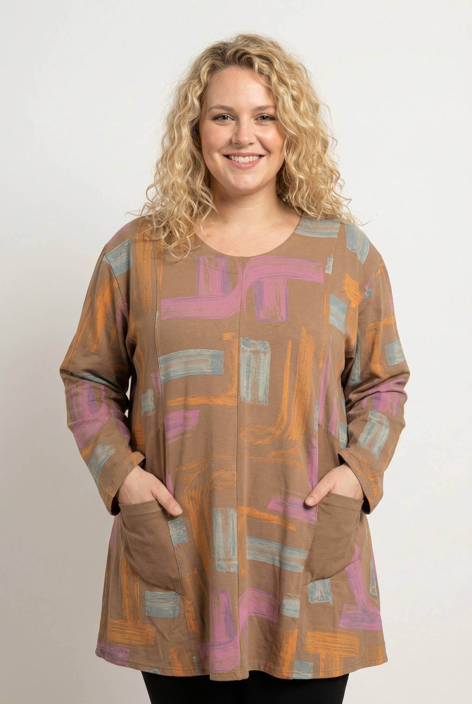 Grossiste Pomme Rouge Paris - Tunique grande taille imprimé camel (T90673)