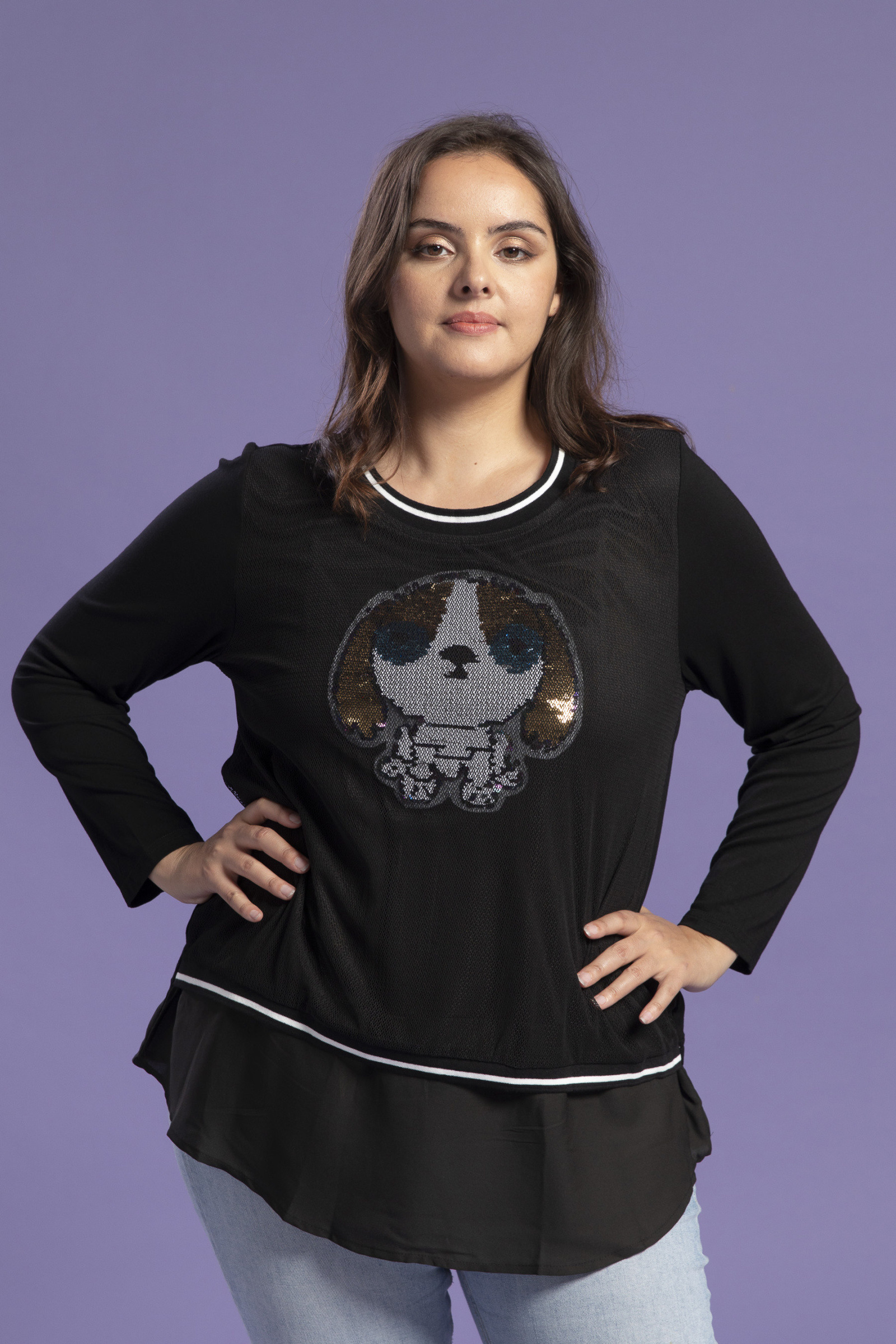 Wholesaler Pomme Rouge Paris - Plus size tunic with mesh and sequins (A918)