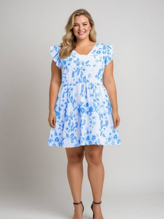 Grossiste Pomme Rouge Paris - Tunique grande taille imprimé bleu (C6566)