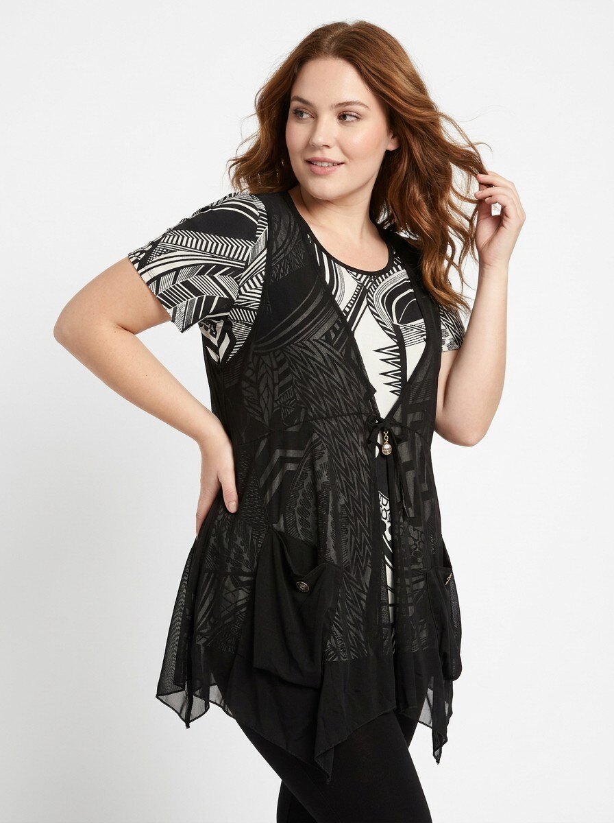 Grossiste Pomme Rouge Paris - Ensemble top imprimé + gilet mousseline (A307)