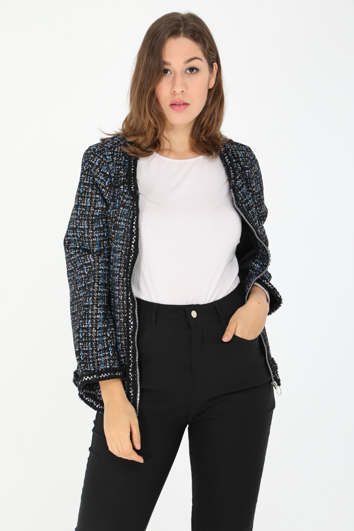 Grossiste Pomme Rouge Paris - Veste en suedine imprimé bleu (C6160)