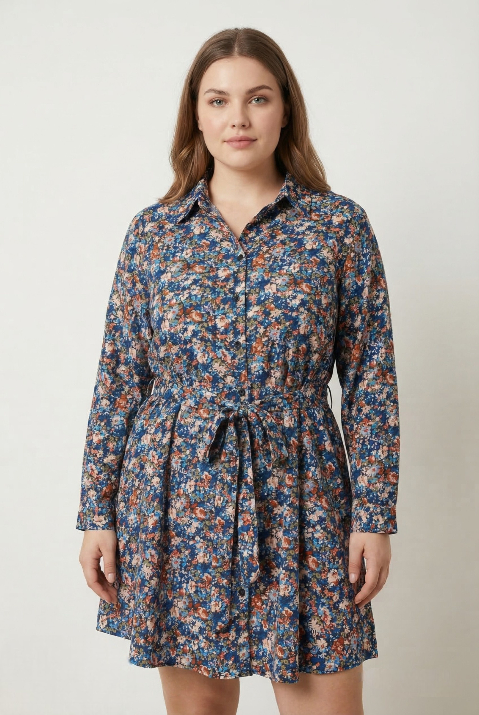 Grossiste Pomme Rouge Paris - Robe-chemise grande taille imprimé bleu (PC6516)