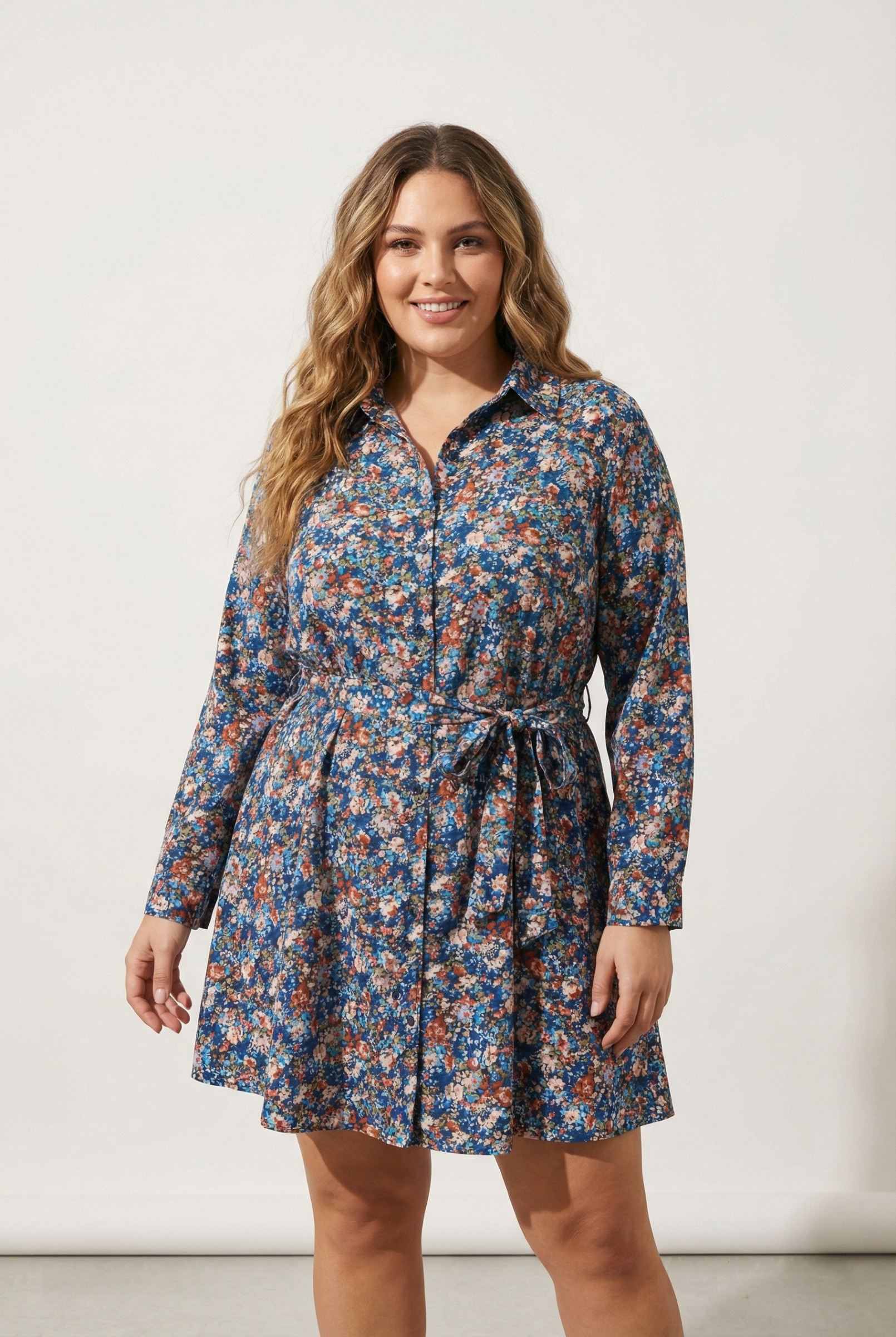 Grossiste Pomme Rouge Paris - Robe-chemise grande taille imprimé bleu (PC6516)