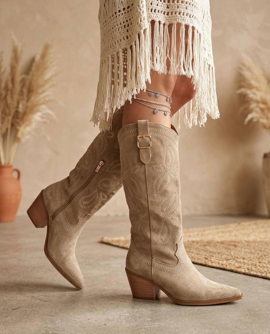 Grossiste Poti Pati - Bottes hautes santiag avec talon en bois de 5cm avec motif cousu, look bohème chic