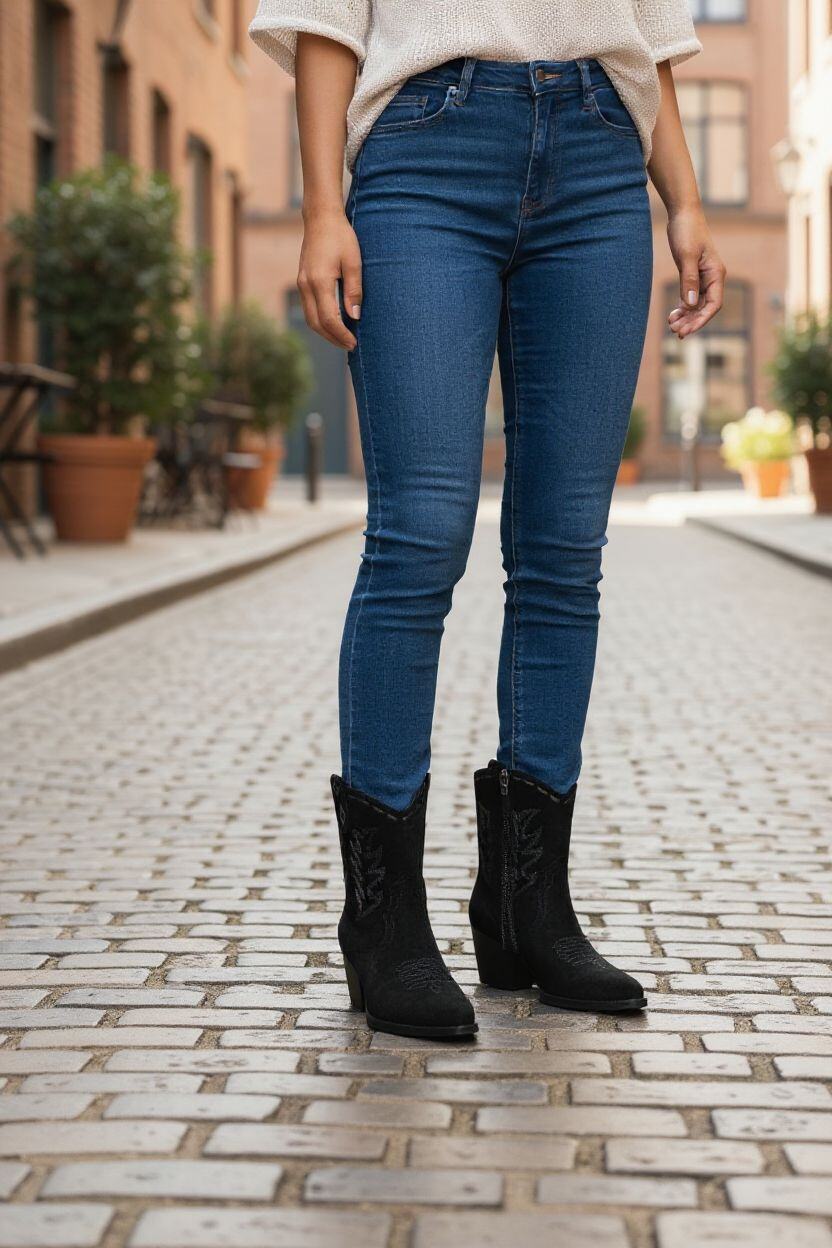 Grossista Poti Pati - DF065 Stivaletti con tacco stile texano con motivo ricamato e zip interna