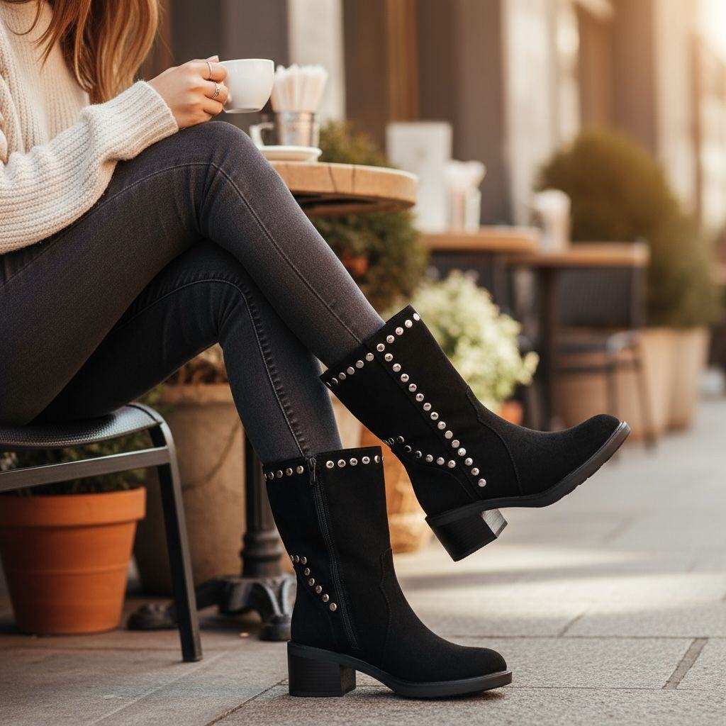 Wholesaler Poti Pati - DF037 Square Heel Ankle Boots in Faux Suede with Studded Design and Inner Zip