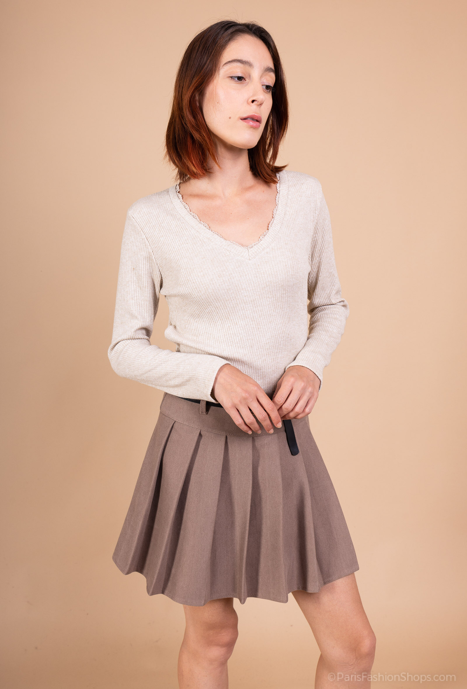 Wholesaler PRESTILA - Shiny Fitted Top with Long Sleeves and Lace V-Neck
