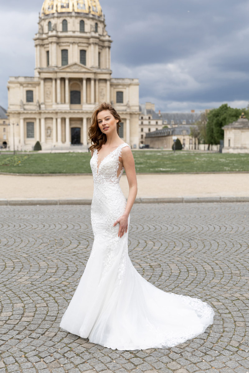Grossiste Promarried - Robe de mariée coupe sirène en dentelle avec dos en V