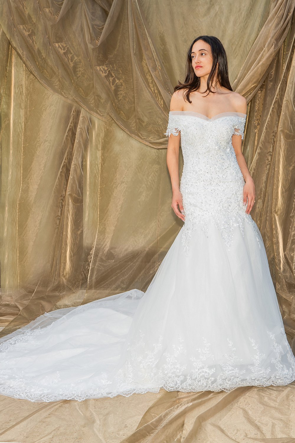 Grossiste Promarried - Robe de mariée coupe trompette en dentelle et tulle - manches hors des épaules