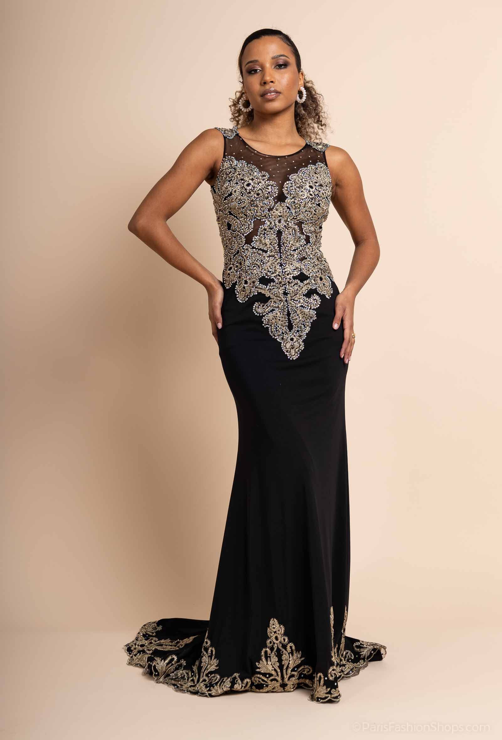 Grossiste Promarried - Robe de cocktail noir coupe sirène agrémentée de broderie scintillante