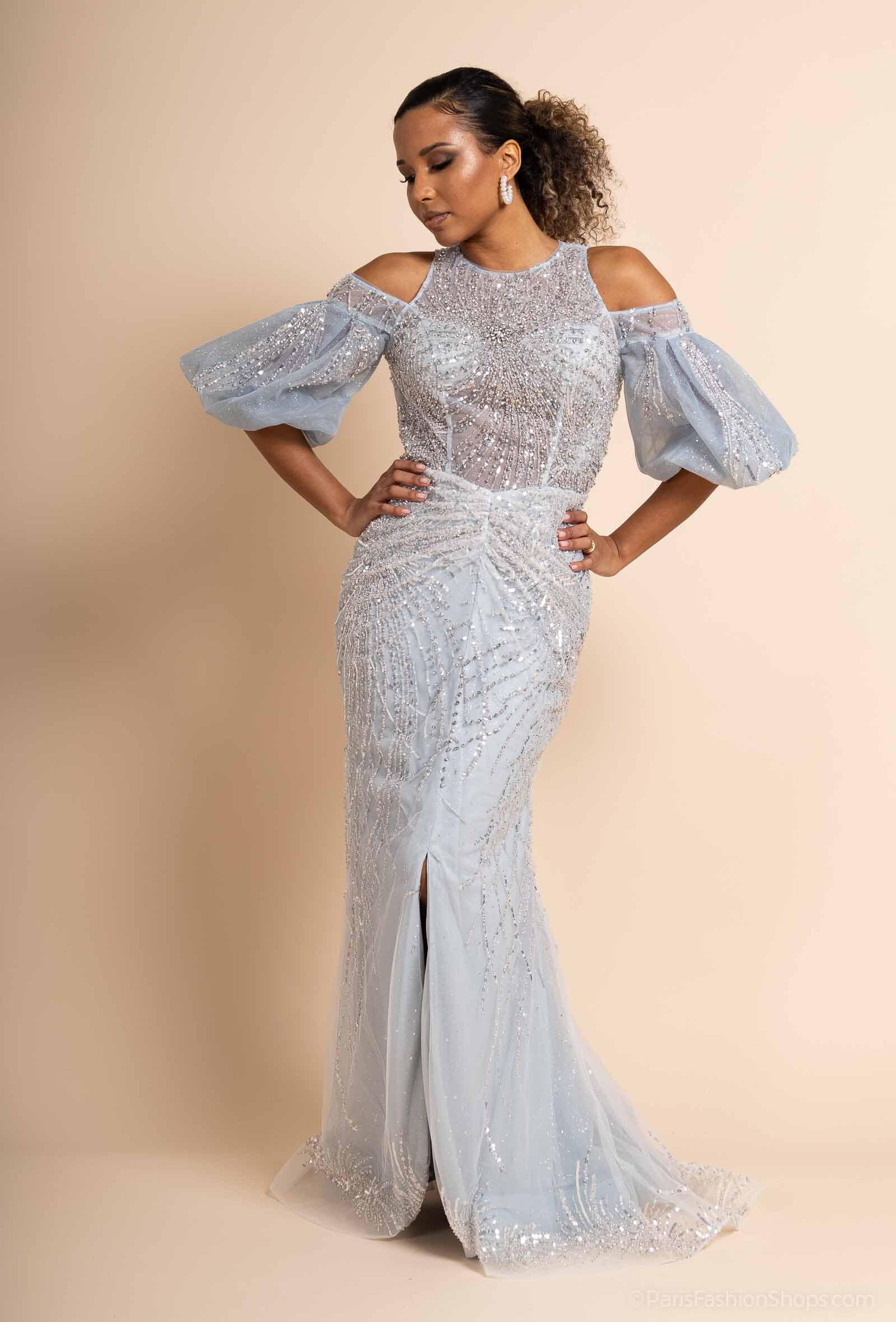 Grossiste Promarried - Robe de cocktail bleu ciel entièrement perlée coupe sirène