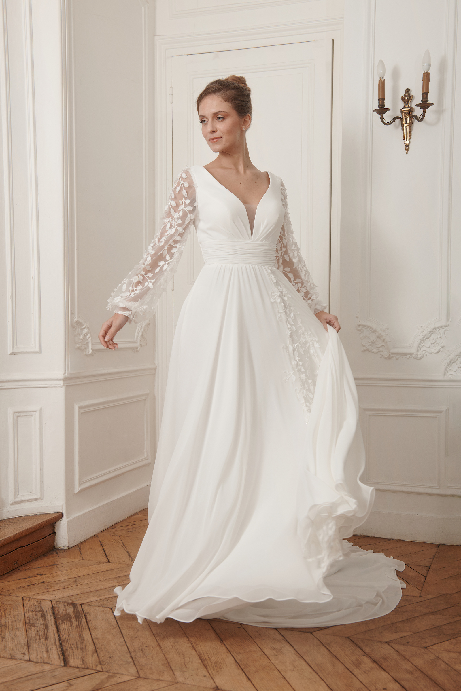 Minimalist off-the-shoulder wedding dress with corset and slit  elegant  flowing silhouette | Paris Fashion Shops