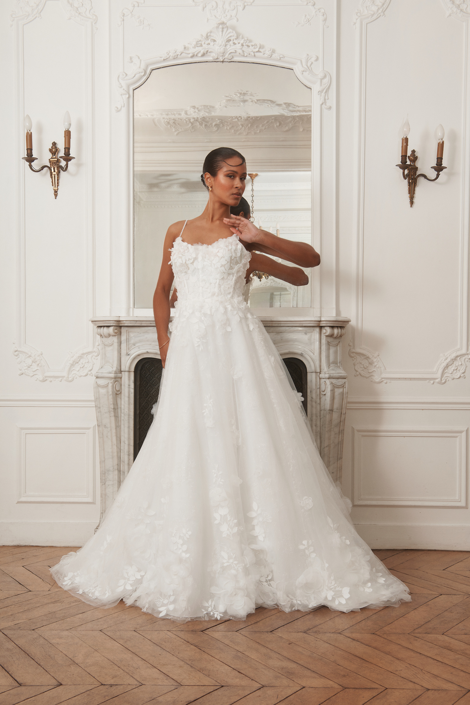 Großhändler Promarried - A-Linien-Brautkleid aus glitzerndem Tüll mit 3D-Blumen – Dünne Träger